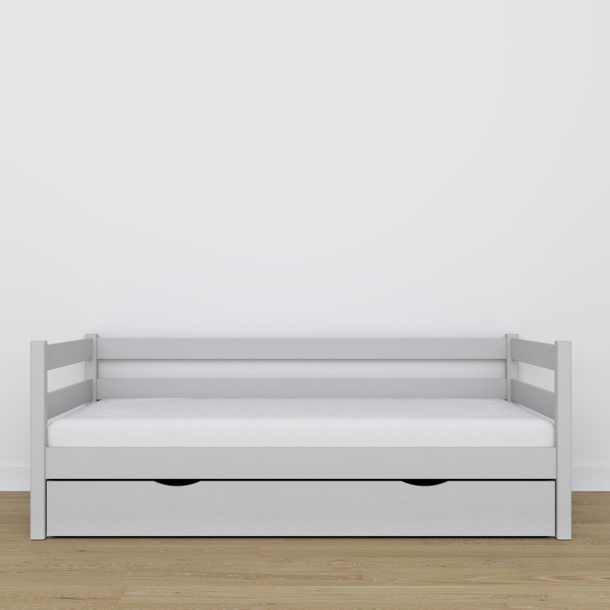 Łóżko sofa z szufladą popielaty z drewna – wymiary i schemat, Nizio