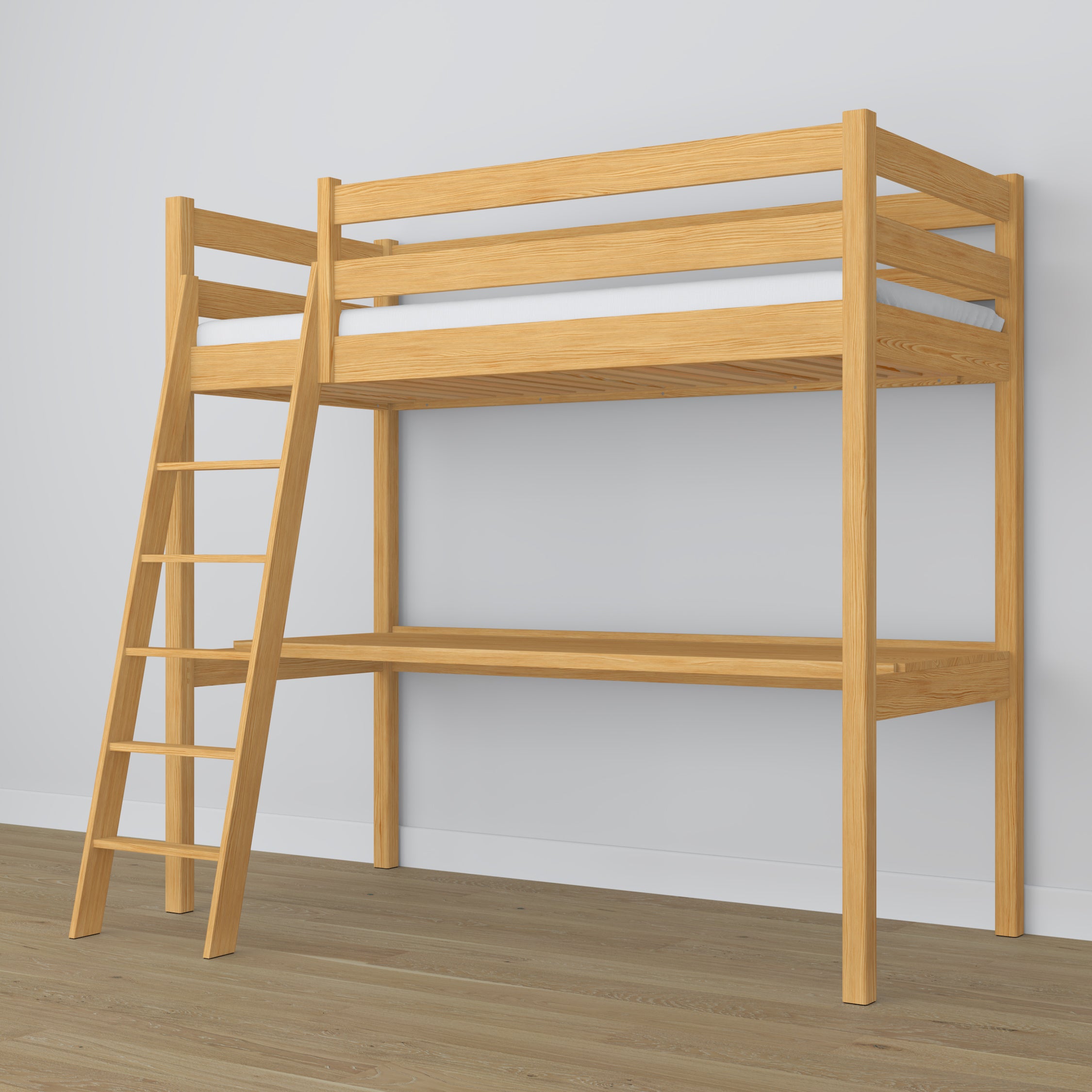 Natural Pine Wooden Loft Bed with Desk – Frame and Slats, Nizio