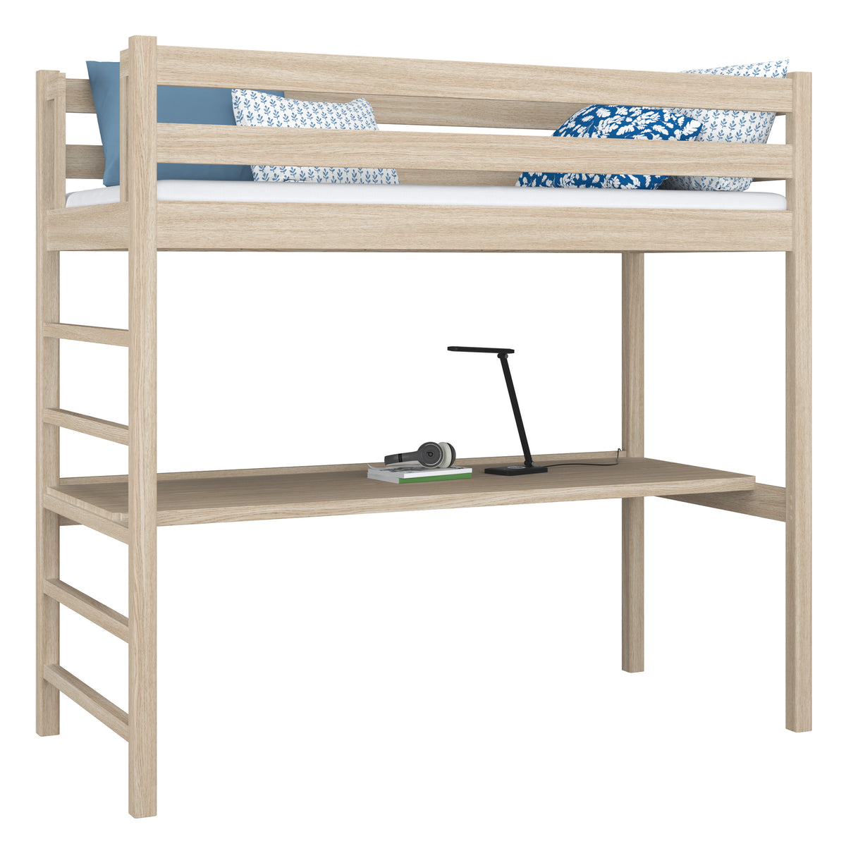 Letto a soppalco con scrivania in rovere sbiancata – stanza per bambini, scandi Nizio