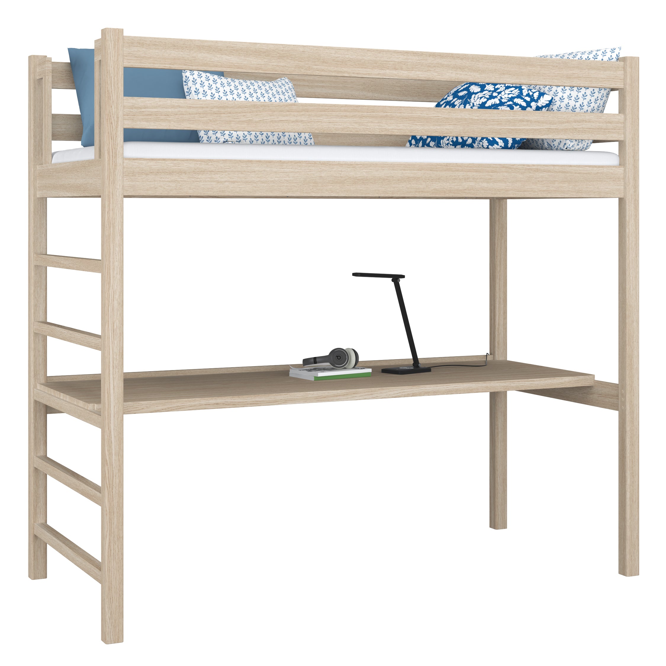 Letto a soppalco con scrivania in rovere sbiancata – stanza per bambini, scandi Nizio