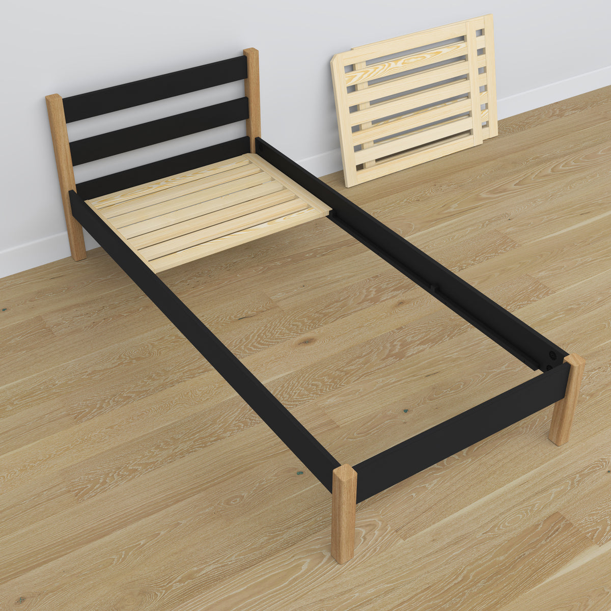 Bed with mattress drawer black-oak made of wood – dimensions, Nizio