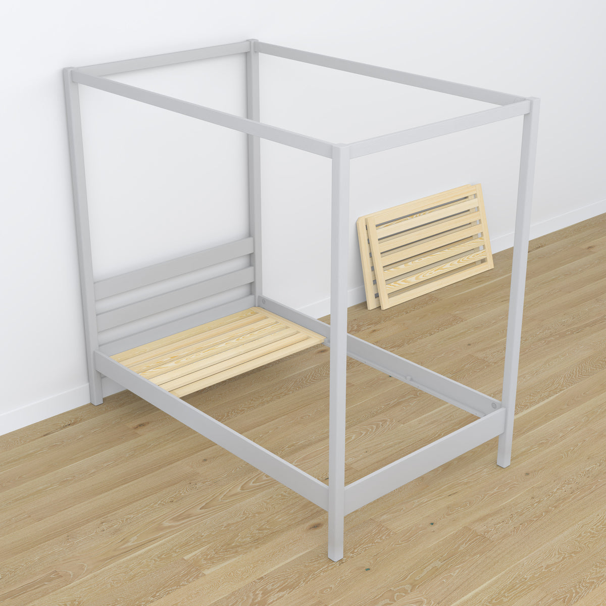 Bed grey with canopy in a children’s room – scandi arrangement