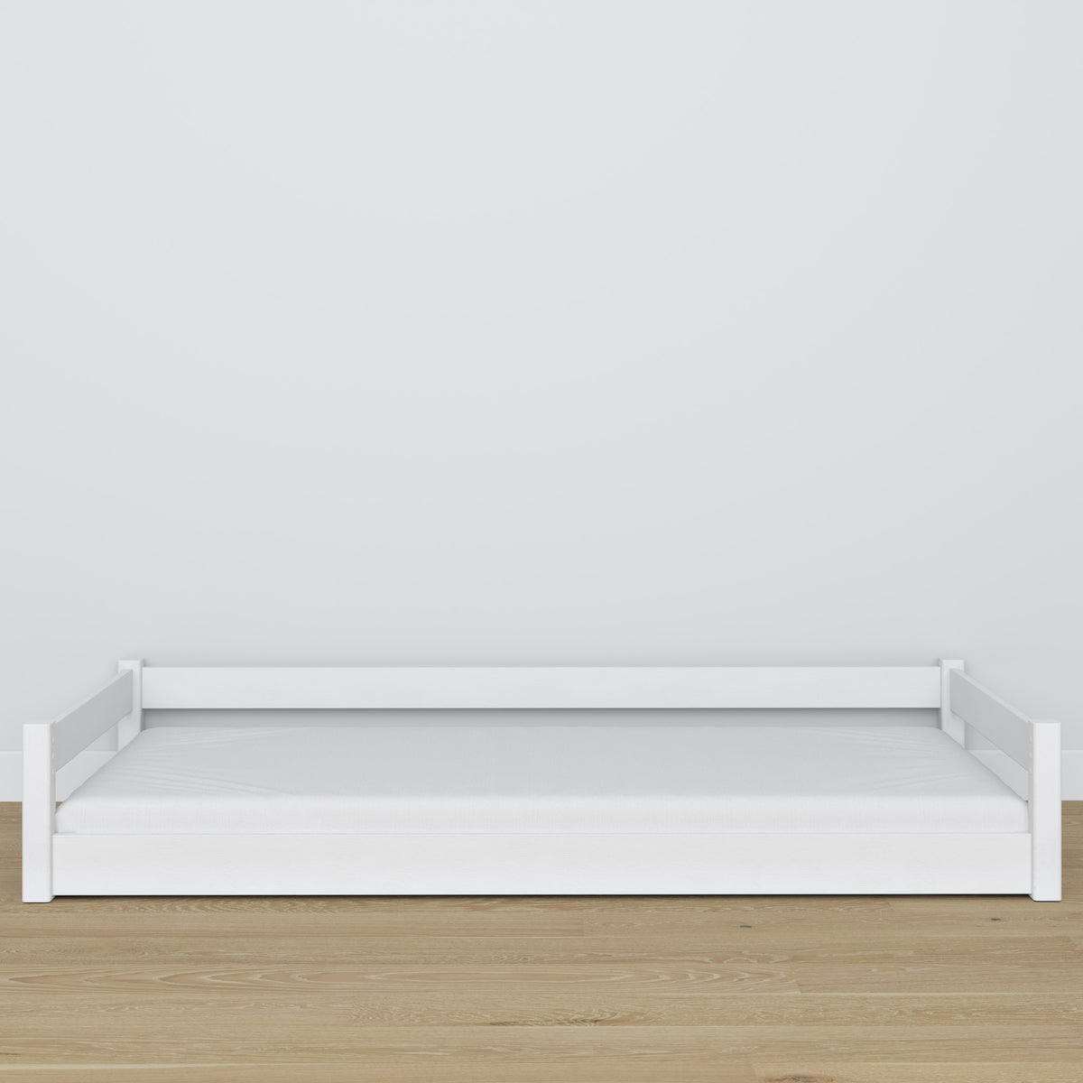 Low Bed Wooden White – Low Frame, Side View, Scandi Bedroom