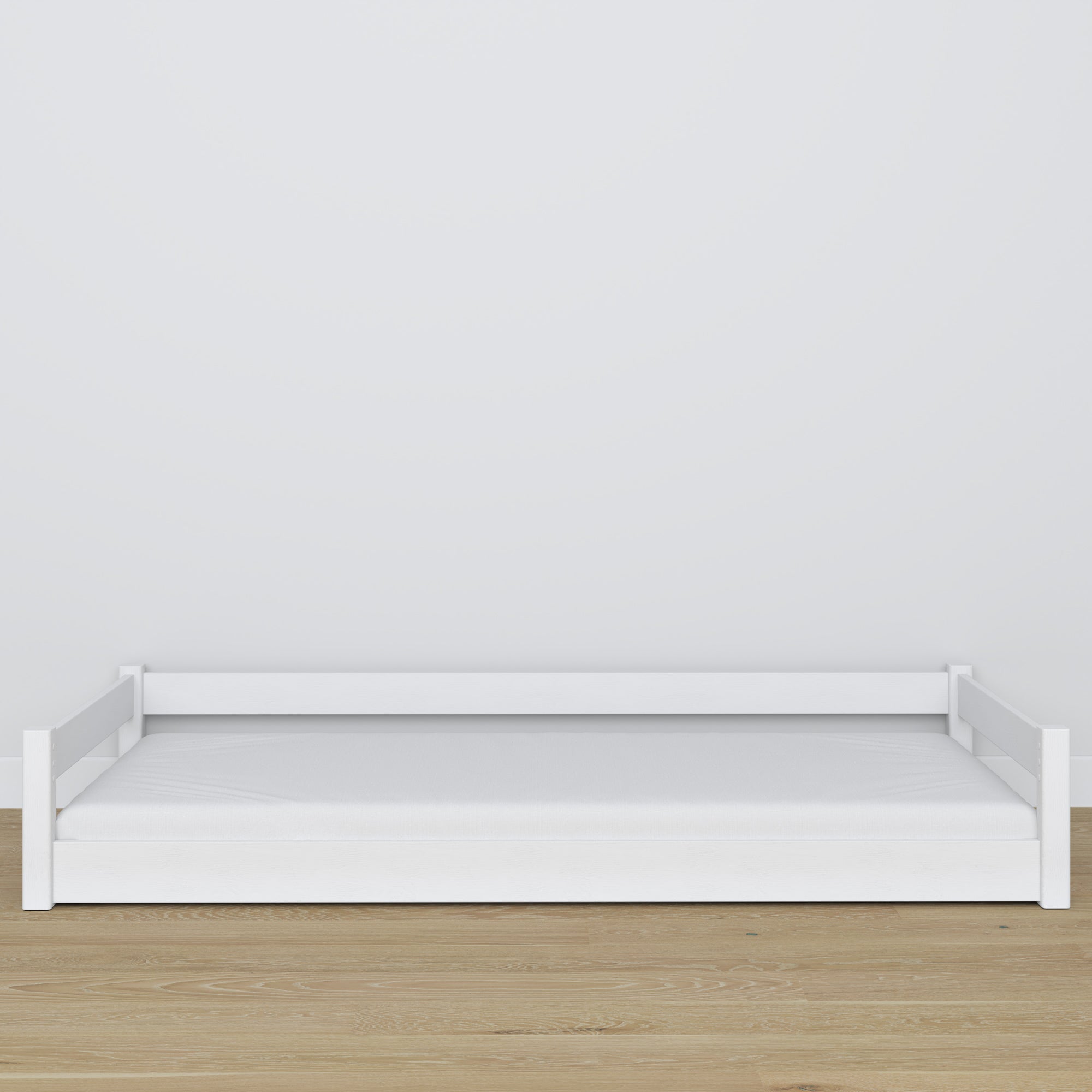 Low Bed Wooden White – Low Frame, Side View, Scandi Bedroom