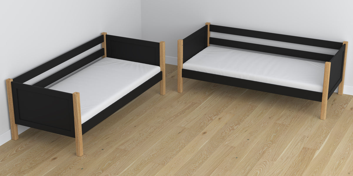 Black and Oak Wooden Bunk Bed with Drawer – Scandi Children’s Room Arrangement
