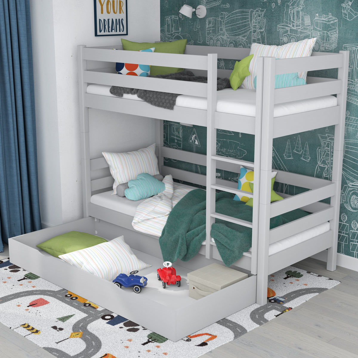 Letto a castello grigio per bambini – due della camera da lettoe e cassetto, in legno