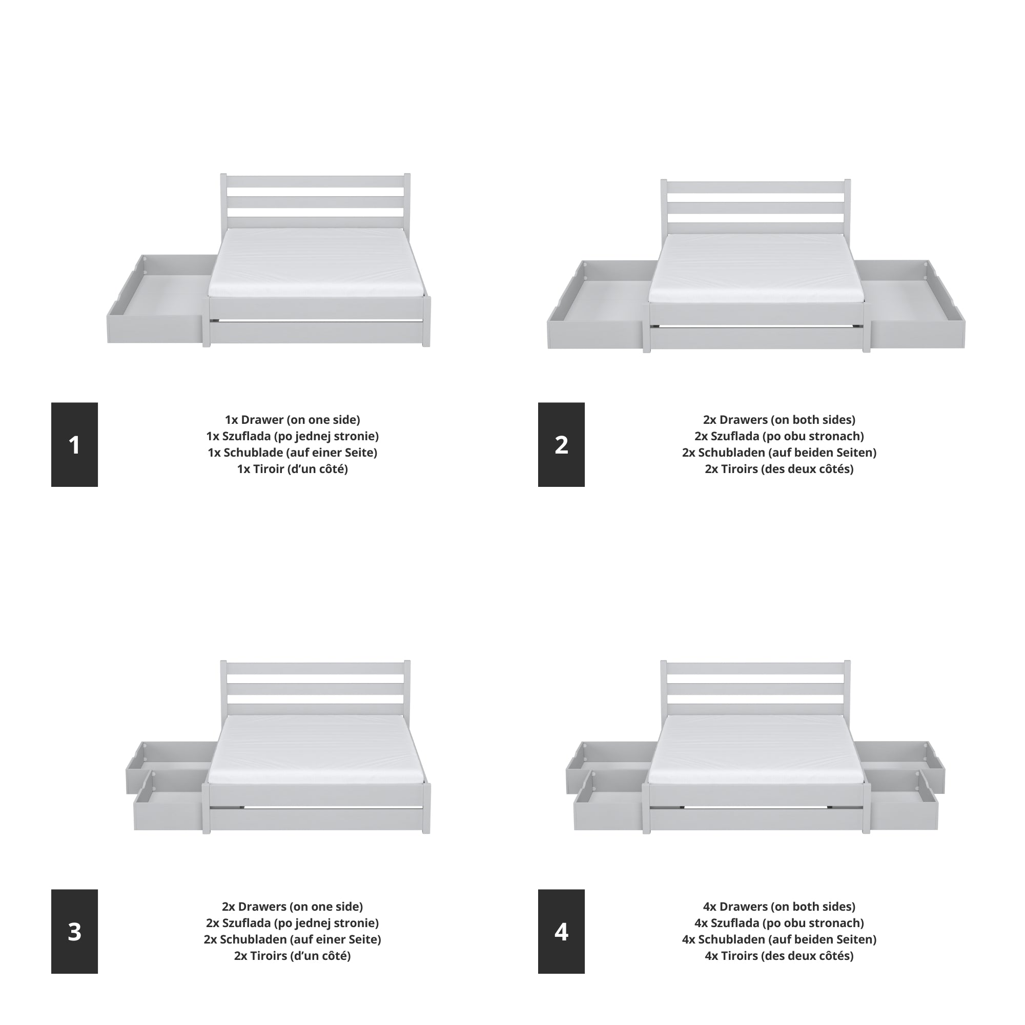 Letto matrimoniale grigio con cassetto in camera da letto – allestimento scandinava