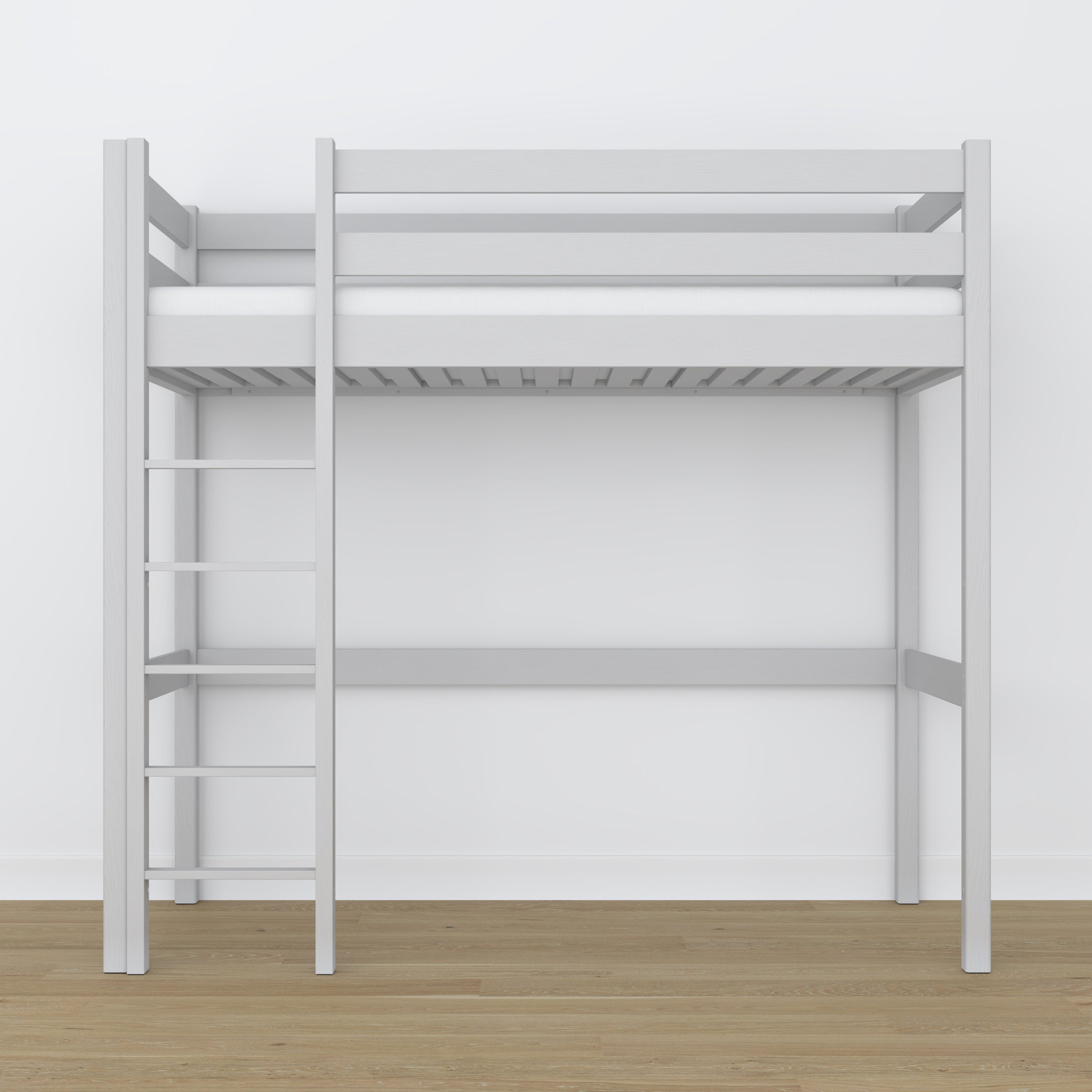 Loft bed grey wooden – top view of the sleeping area