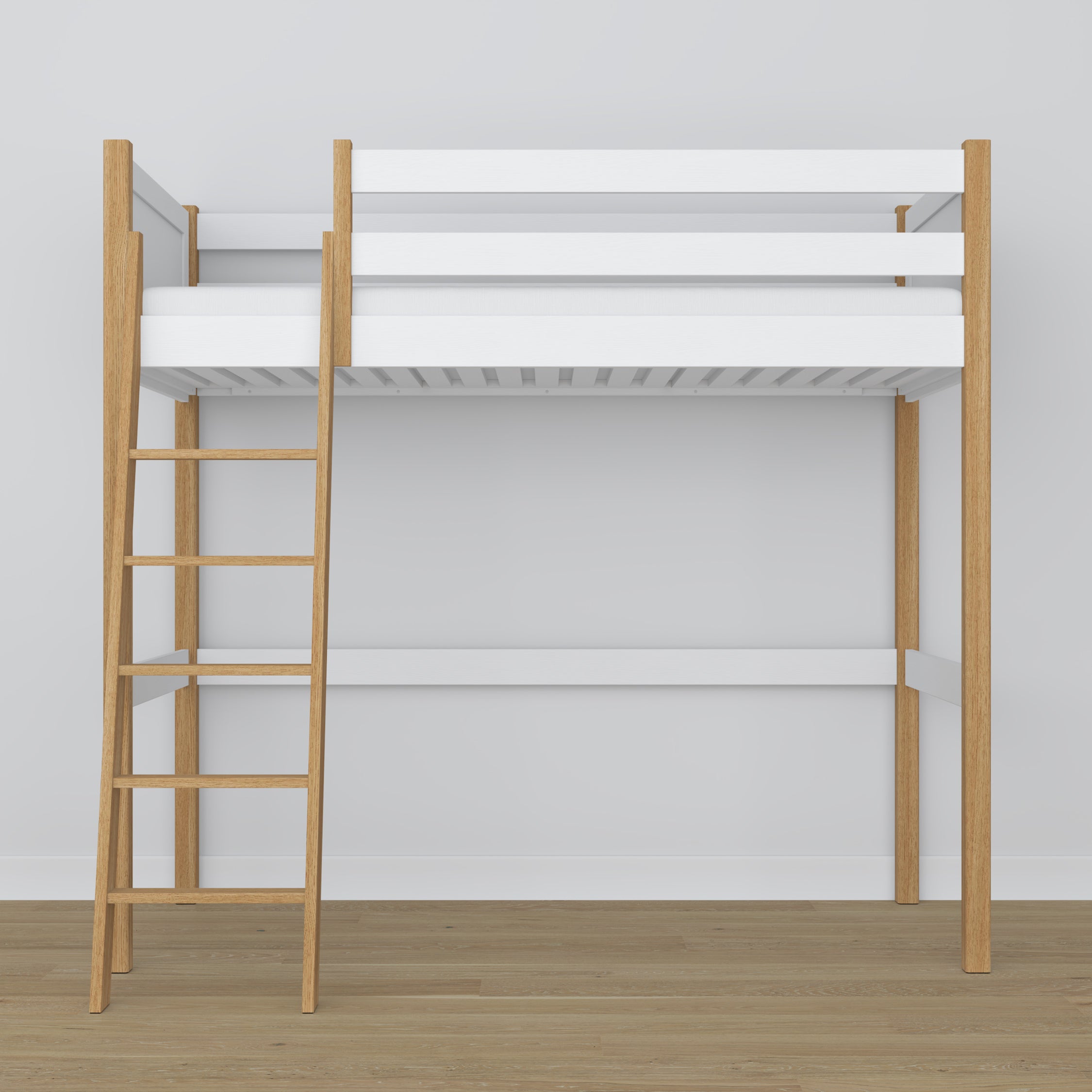 Loft bed white/oak wooden – top view of the sleeping area