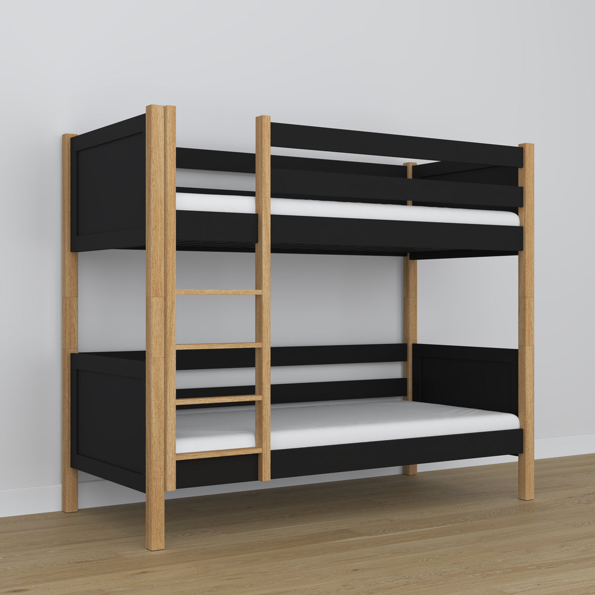 Black and Oak Wooden Bunk Bed – Two Sleeping Areas in One, Safe Construction
