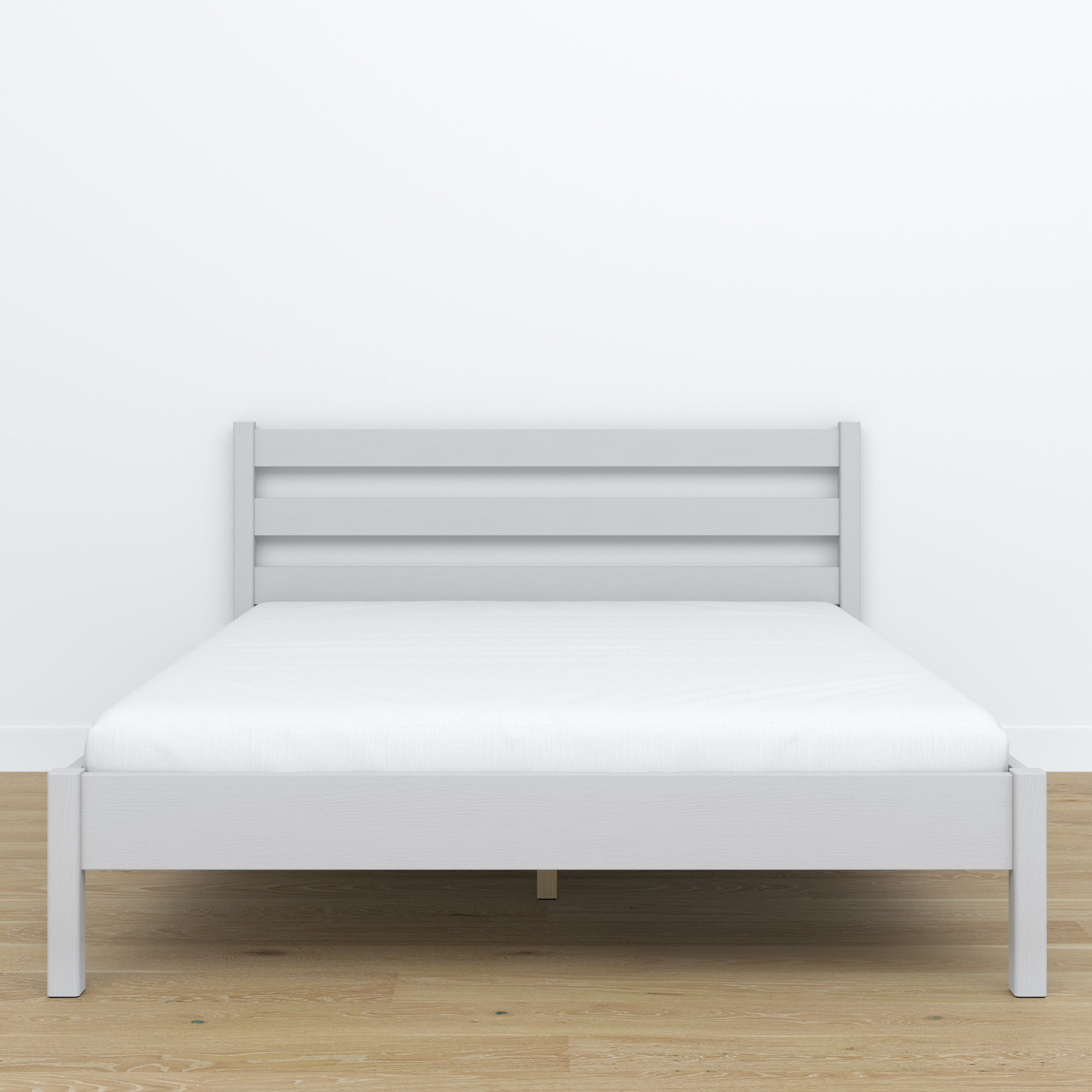 Letto matrimoniale in legno grigio – vista laterale, proporzioni e volume del mobile del mobile, camera da letto
