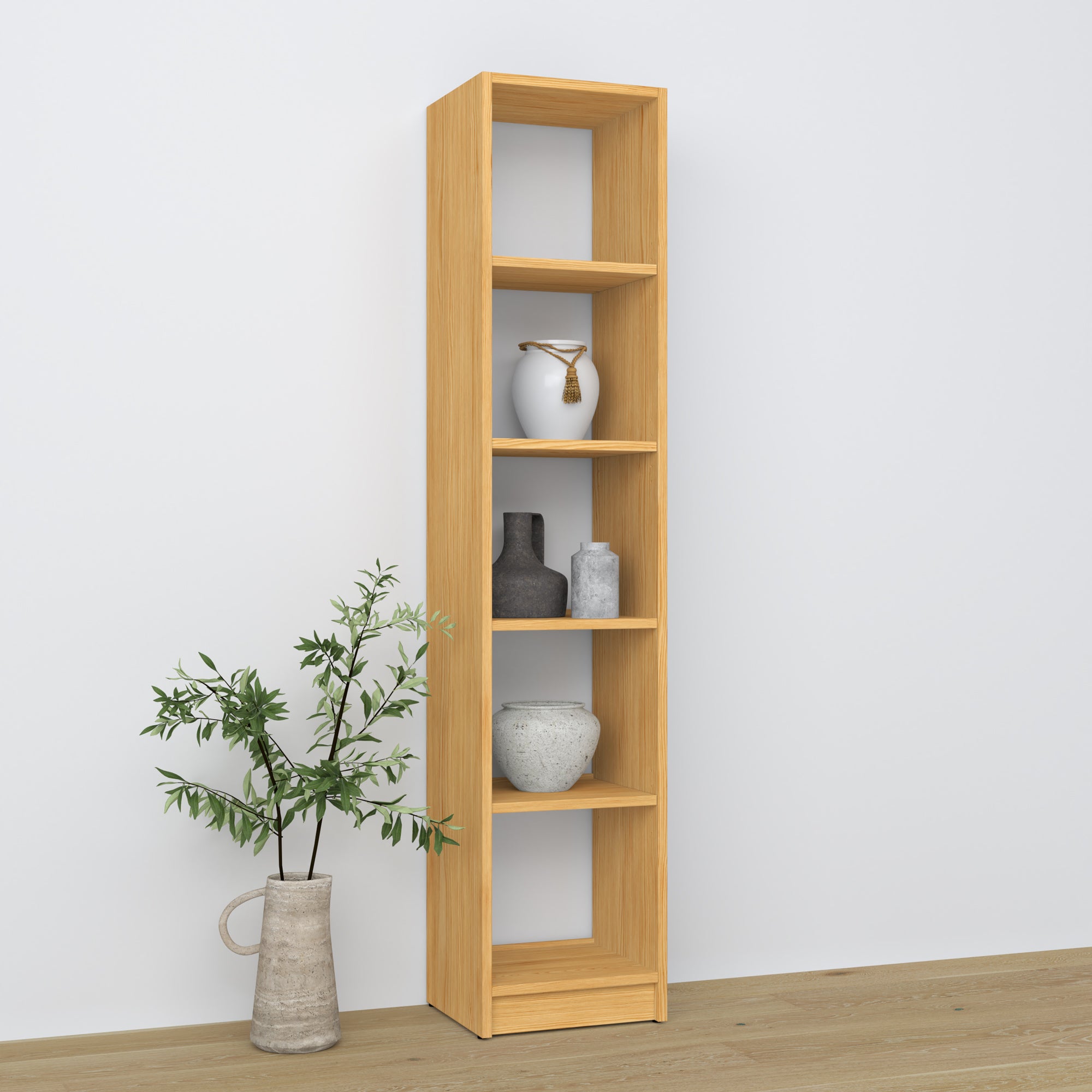 Bookcase natural pine – wooden, front view, all shelves, Nizio