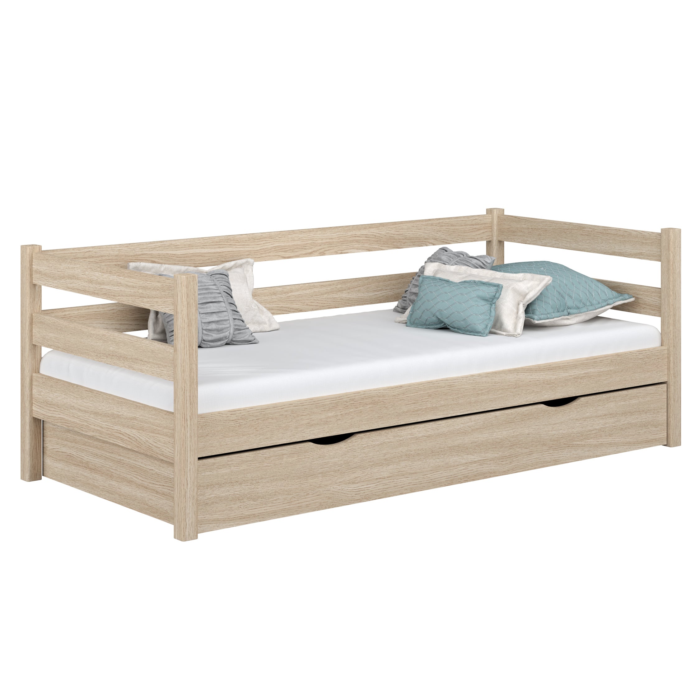 Sofa bed oak bleached oak – open drawer, bedding storage