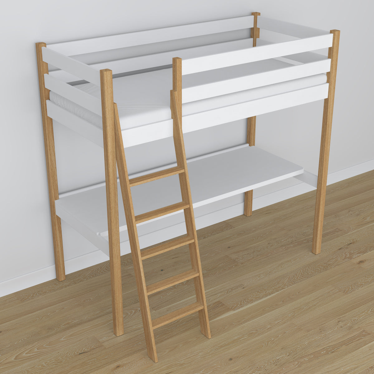 Loft bed with desk white/oak wooden – dimensions, Nizio Home