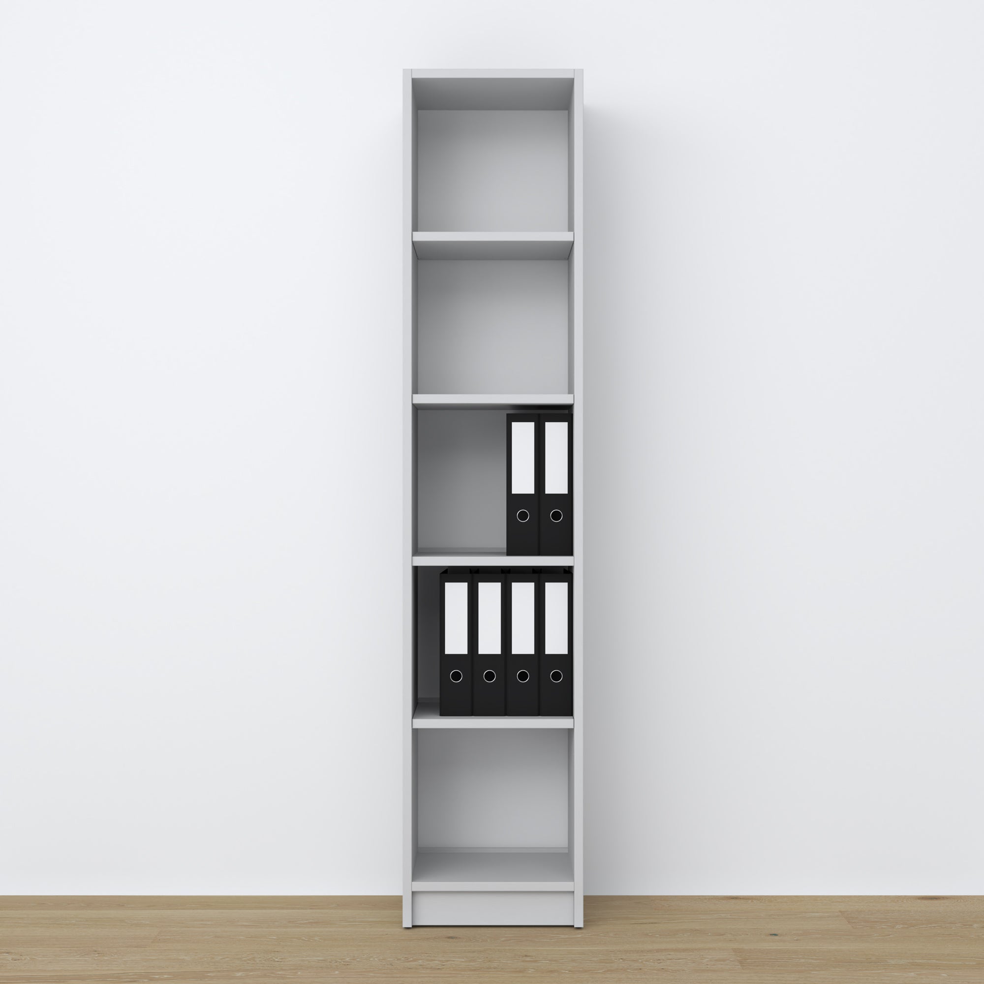 Bookcase wooden grey – close-up of shelves and details, Nizio Home