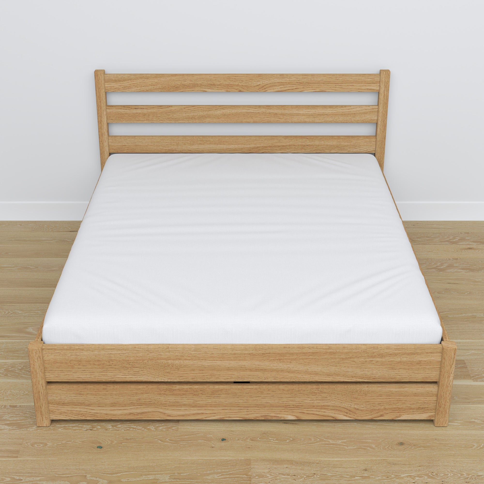 Letto matrimoniale con cassetto in rovere naturale – vista diagonale, camera da letto scandi