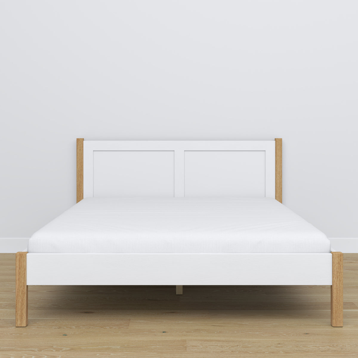 Letto matrimoniale in legno bianco-quercia – vista laterale, proporzioni e volume del mobile del mobile, camera da letto