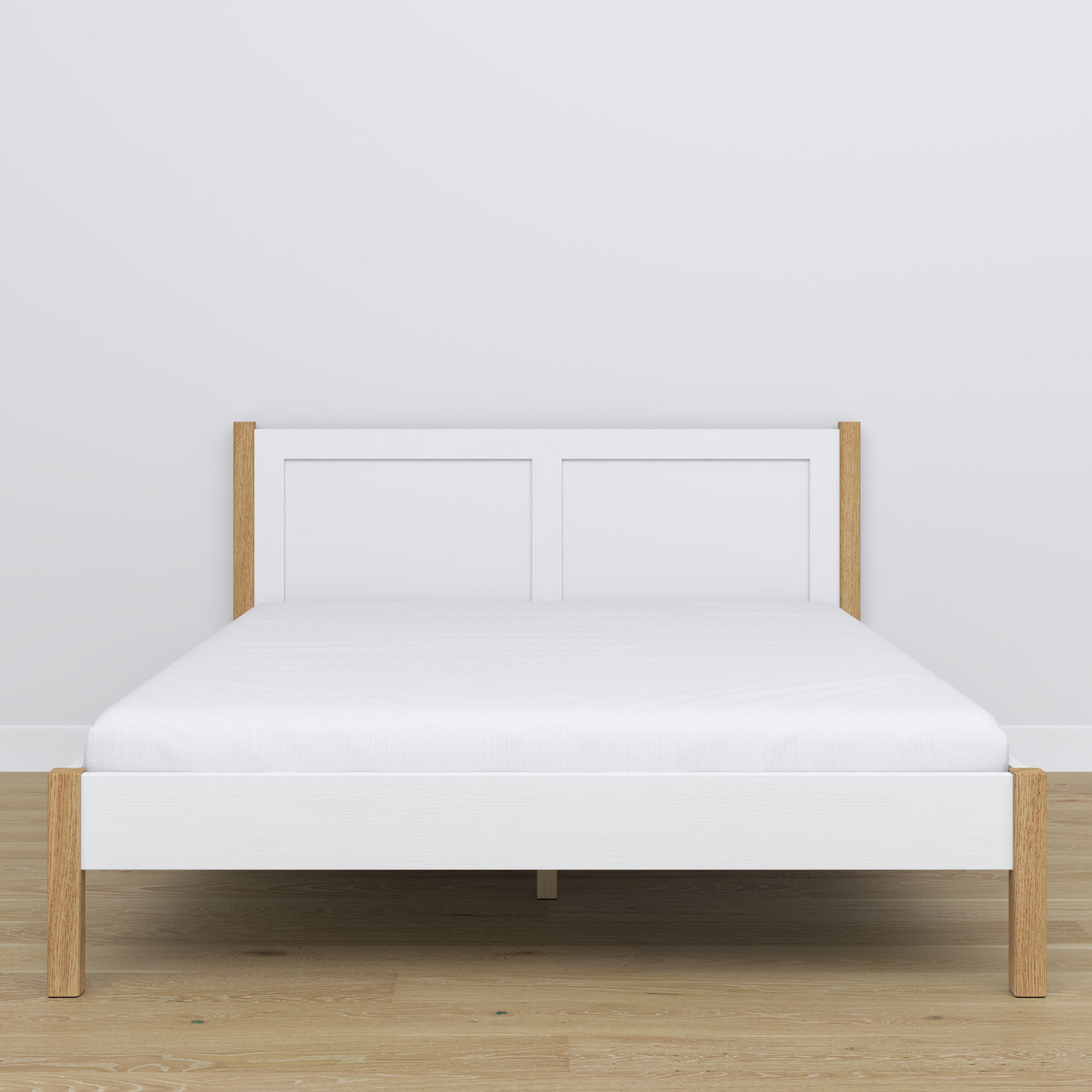 Letto matrimoniale in legno bianco-quercia – vista laterale, proporzioni e volume del mobile del mobile, camera da letto