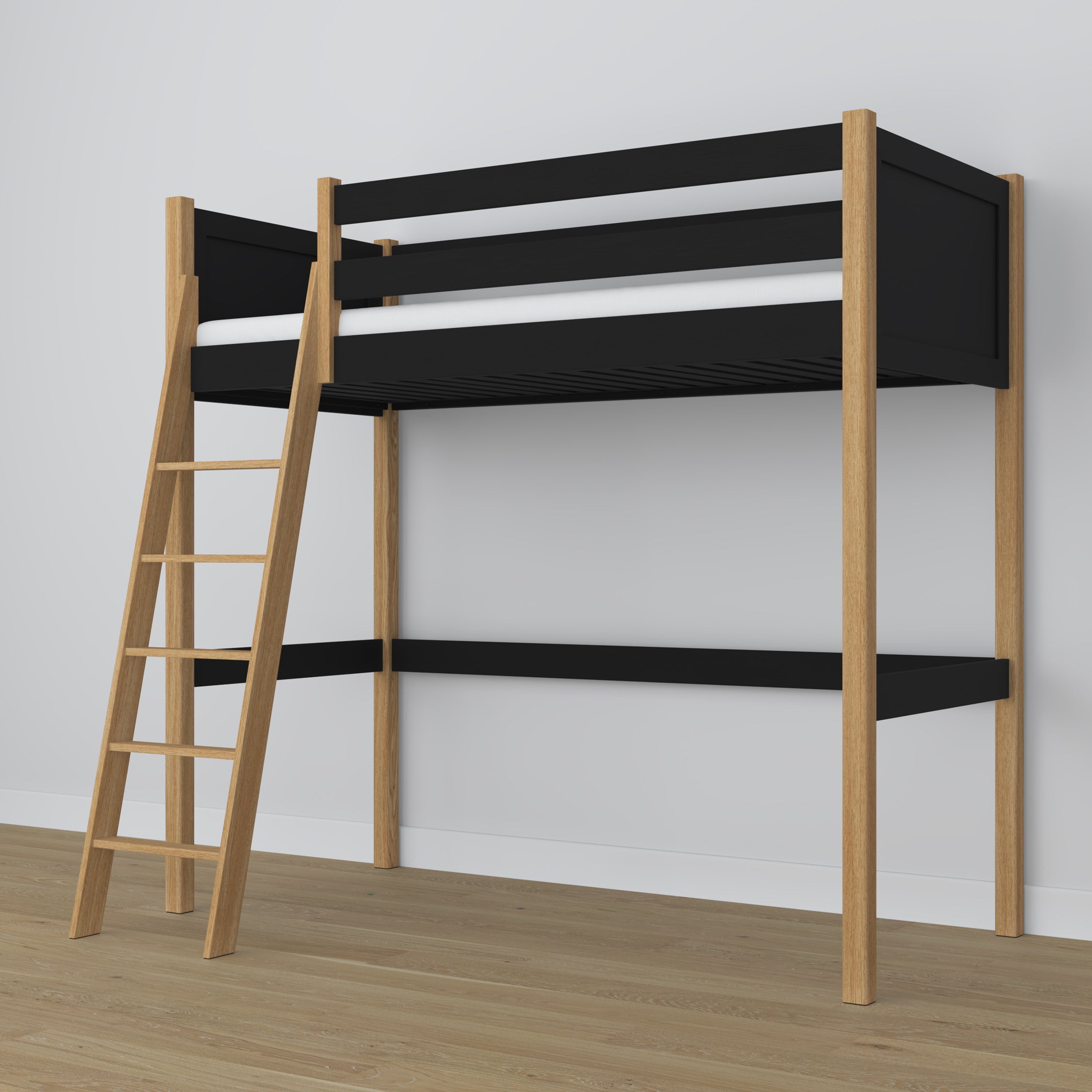 Letto a soppalco in legno nero-quercia – spazio libero sotto camera da letto, Nizio