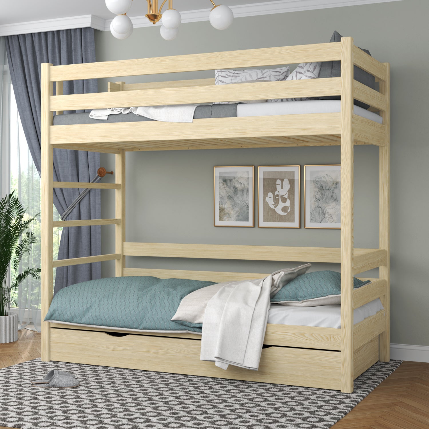Letto a castello pino trasparente per bambini – due della camera da lettoe e cassetto, in legno