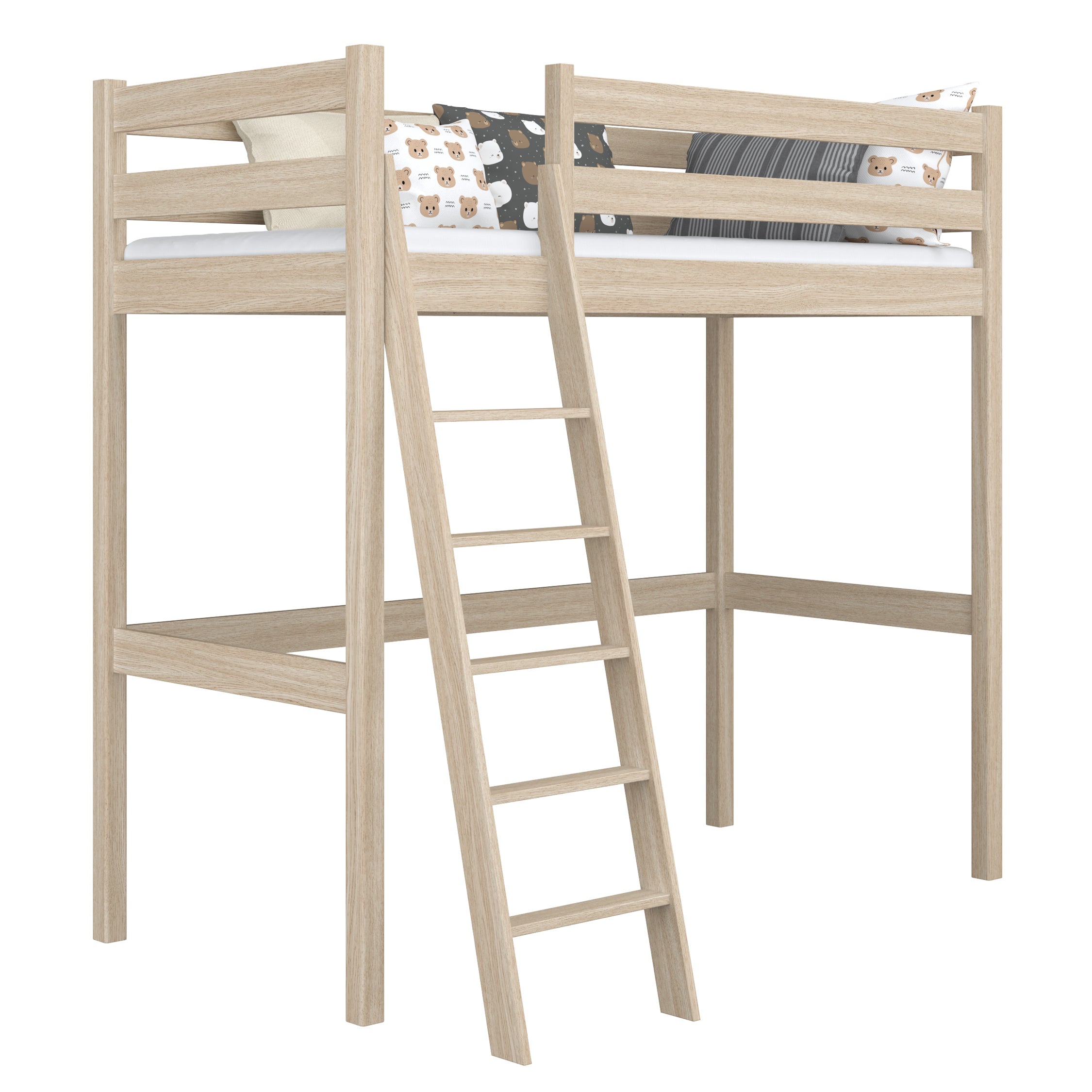 Dębowe łóżko na antresoli N03 dąb bielony – widok ogólny
