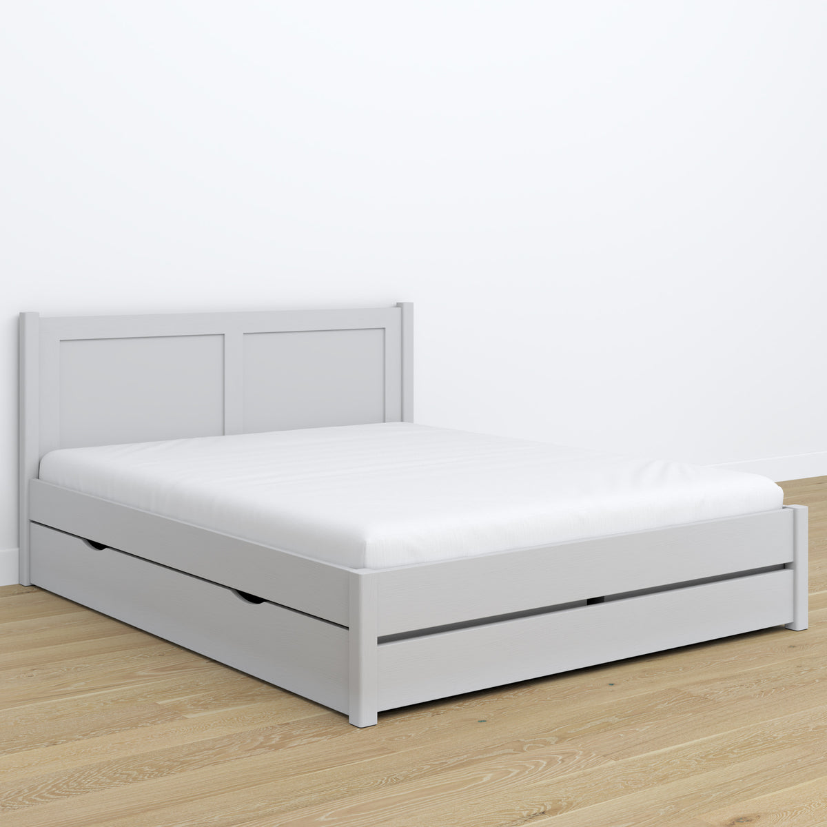 Letto matrimoniale grigio con cassetto – testiera in legno, dettaglio