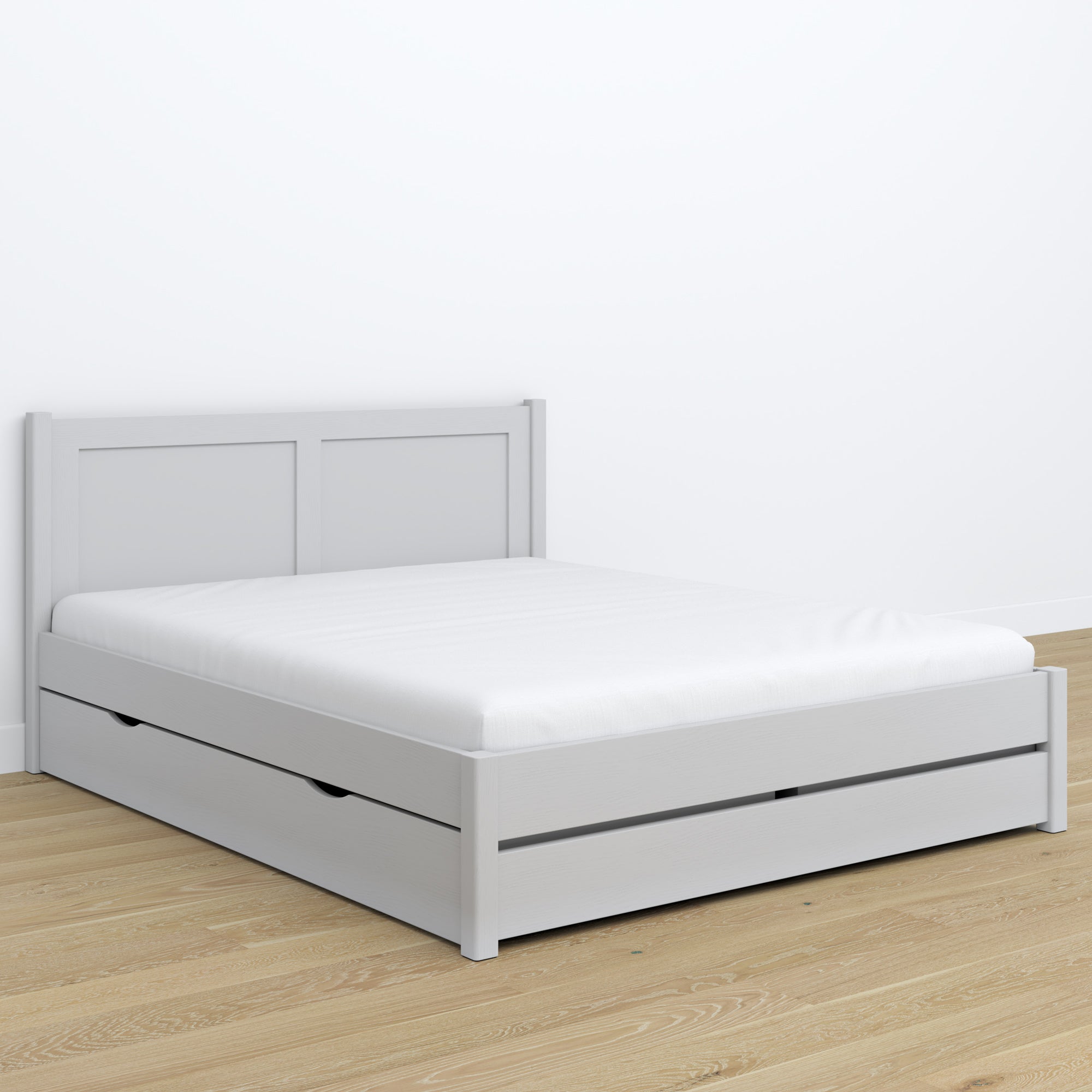 Letto matrimoniale grigio con cassetto – testiera in legno, dettaglio