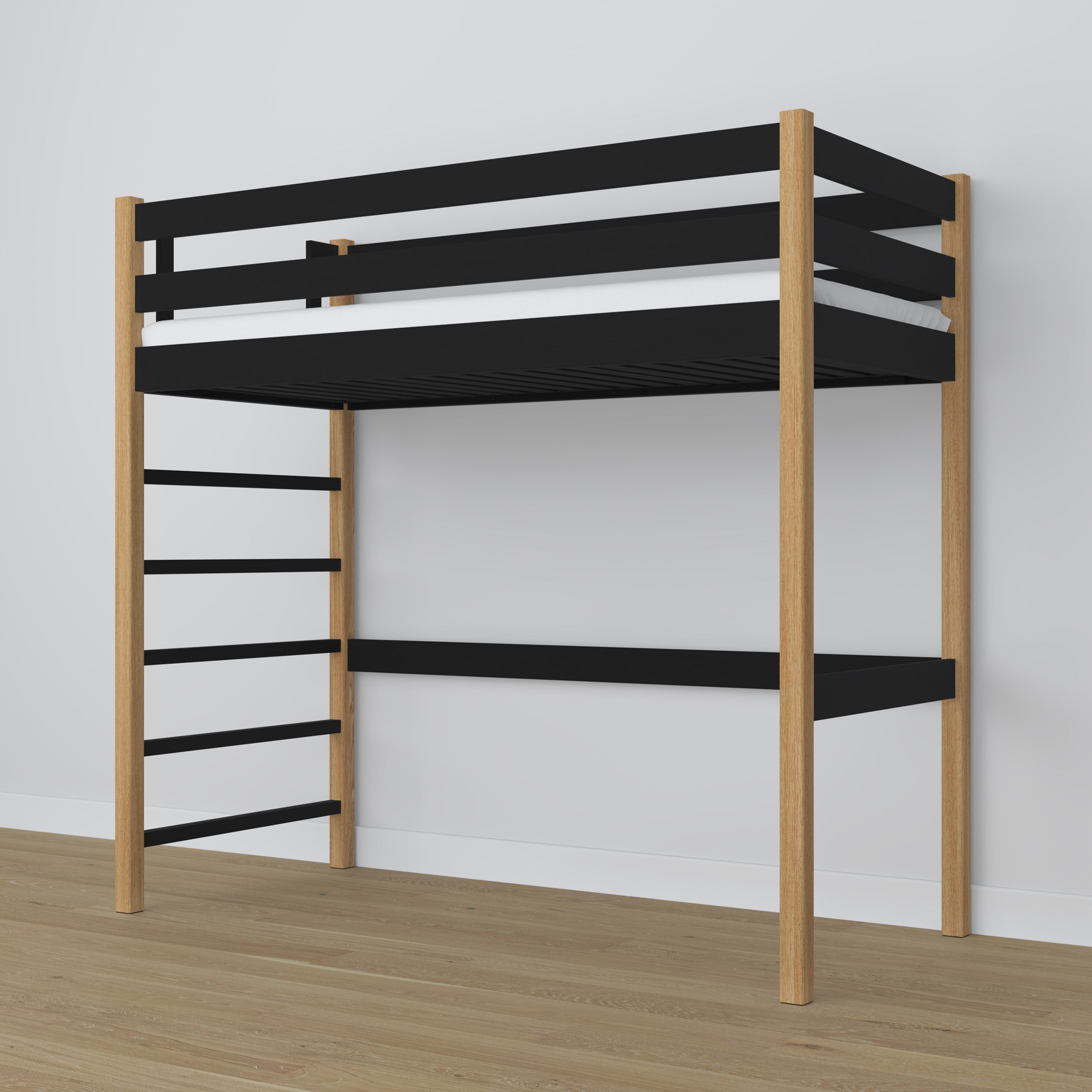 Loft bed black/oak wooden – top view of the sleeping area