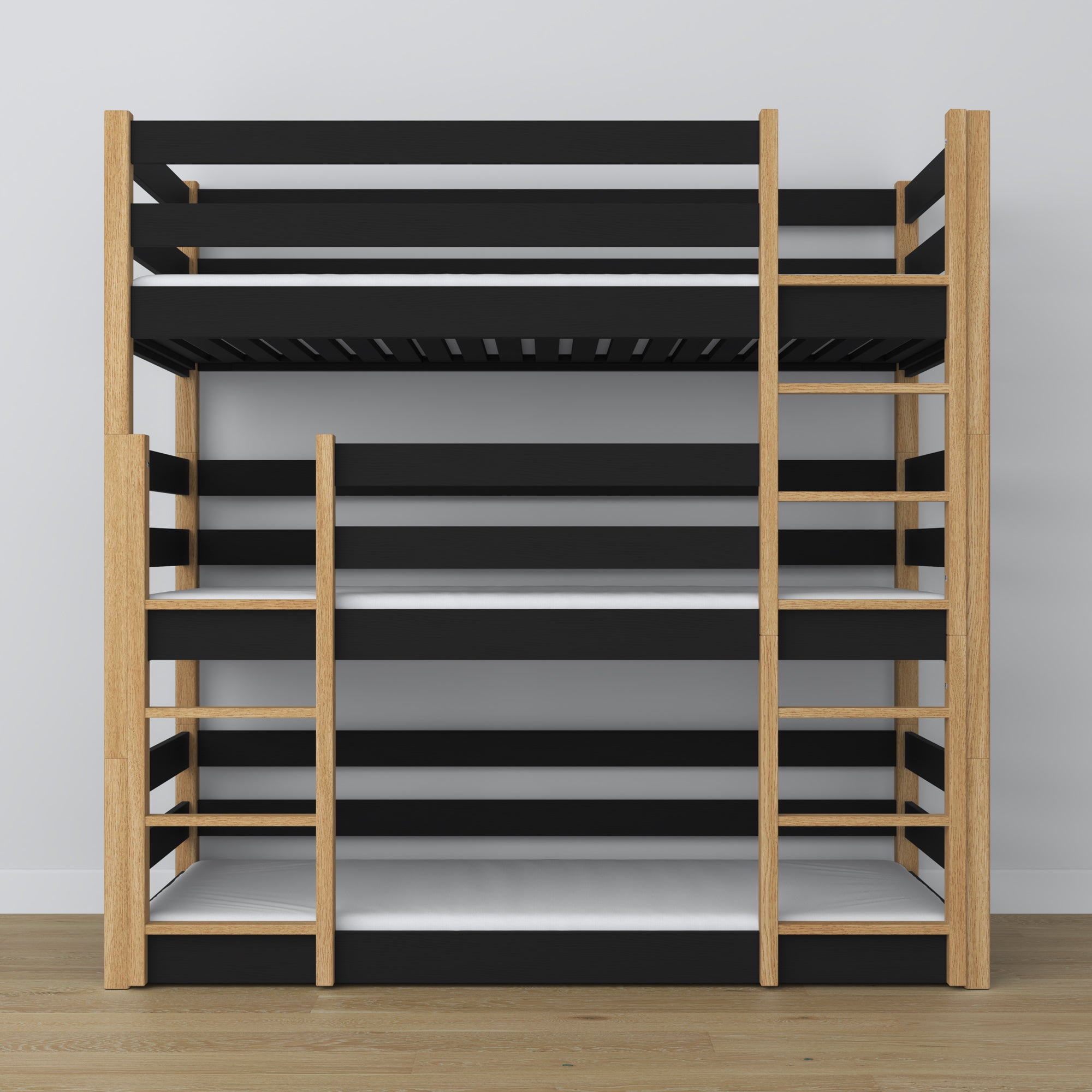 Letto 3-a castello nero con quercia – scala e sponde sicurezza, in legno