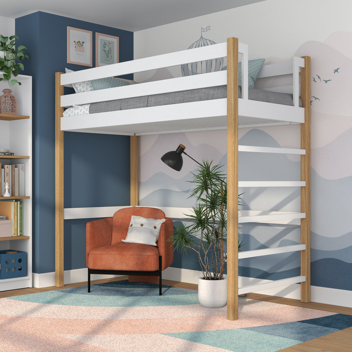 Letto a soppalco in legno bianco-quercia – spazio libero sotto camera da letto, Nizio