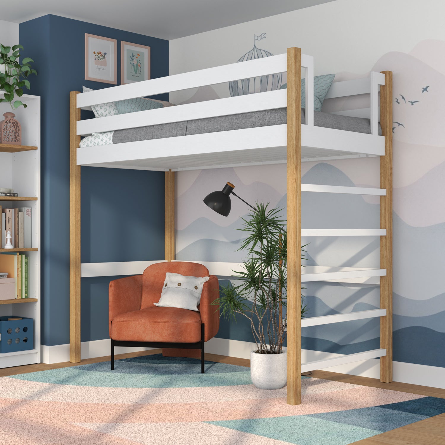 Letto a soppalco in legno bianco-quercia – spazio libero sotto camera da letto, Nizio