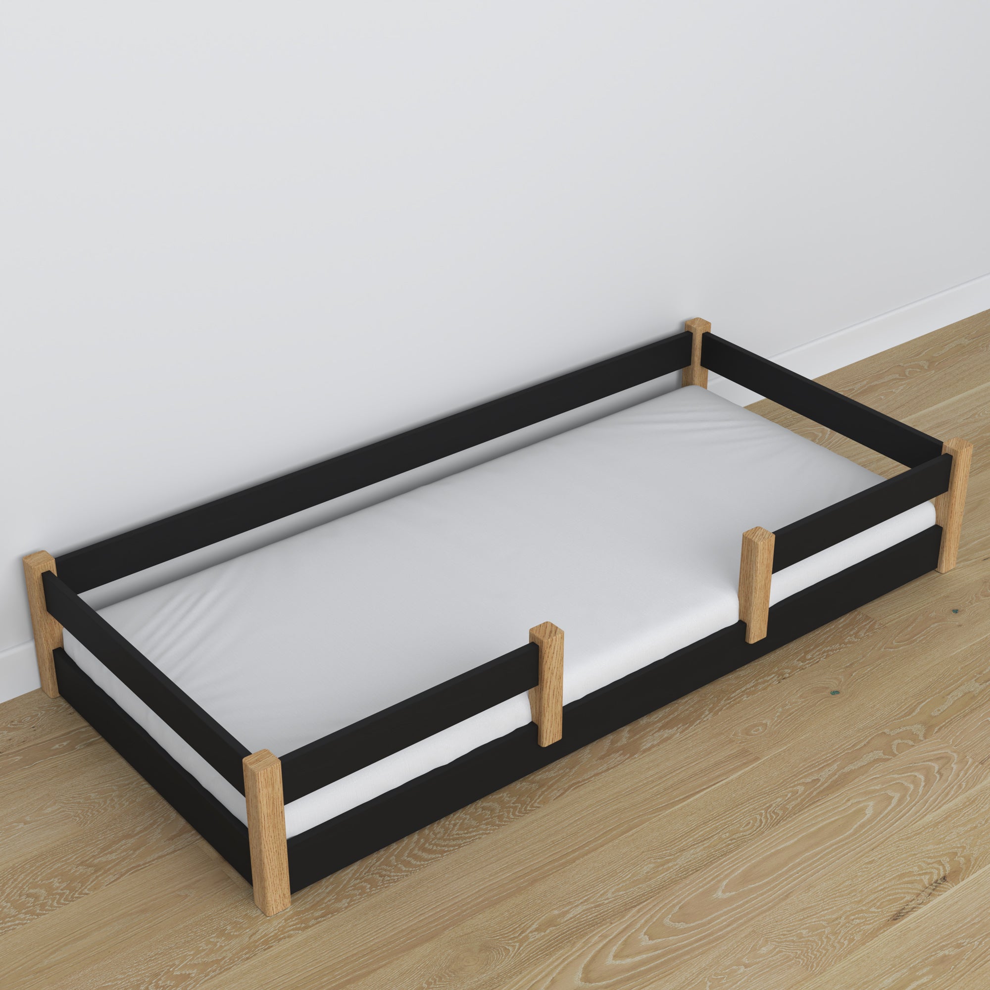 Letto basso nero-quercia in camera da letto – allestimento scandinava, in legno