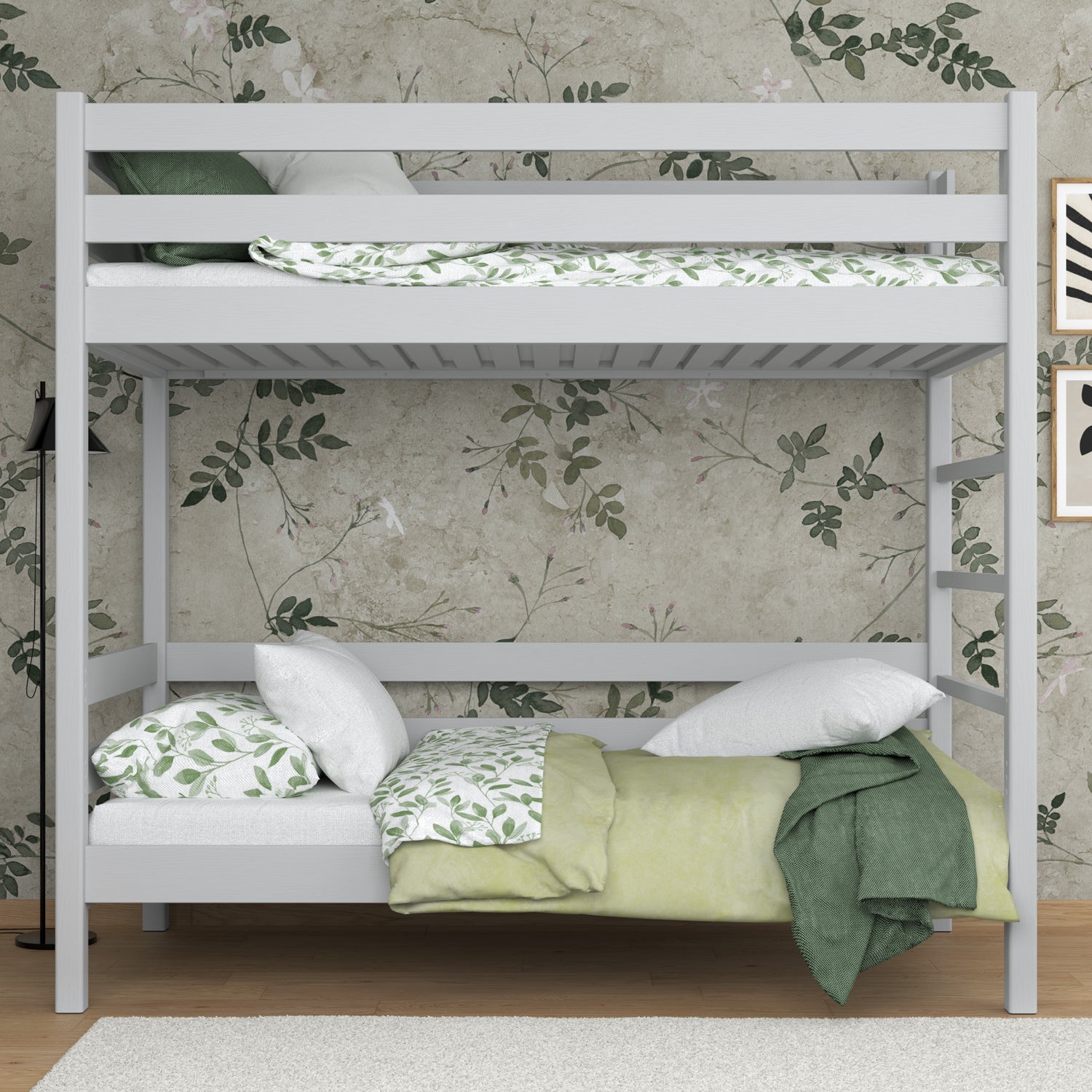 Grey Bunk Bed – Wooden Ladder and Safety Rail, Nizio Home