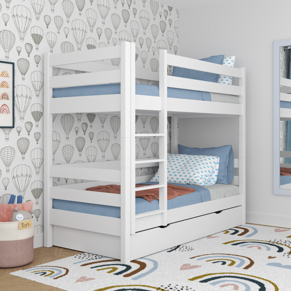 White Wooden Bunk Bed – Open Drawer, Spacious Storage Under the Bed