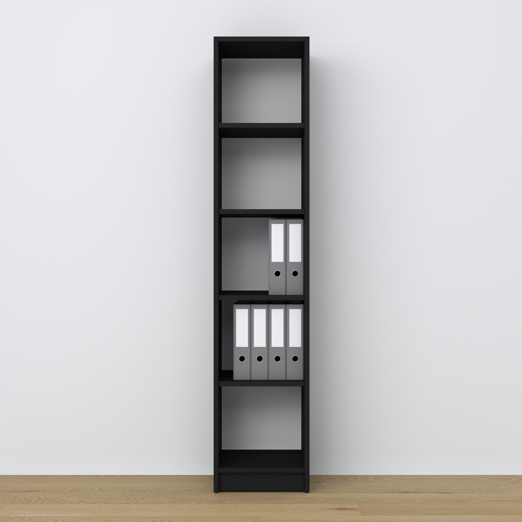 Bookcase wooden black – close-up of shelves and details, Nizio Home