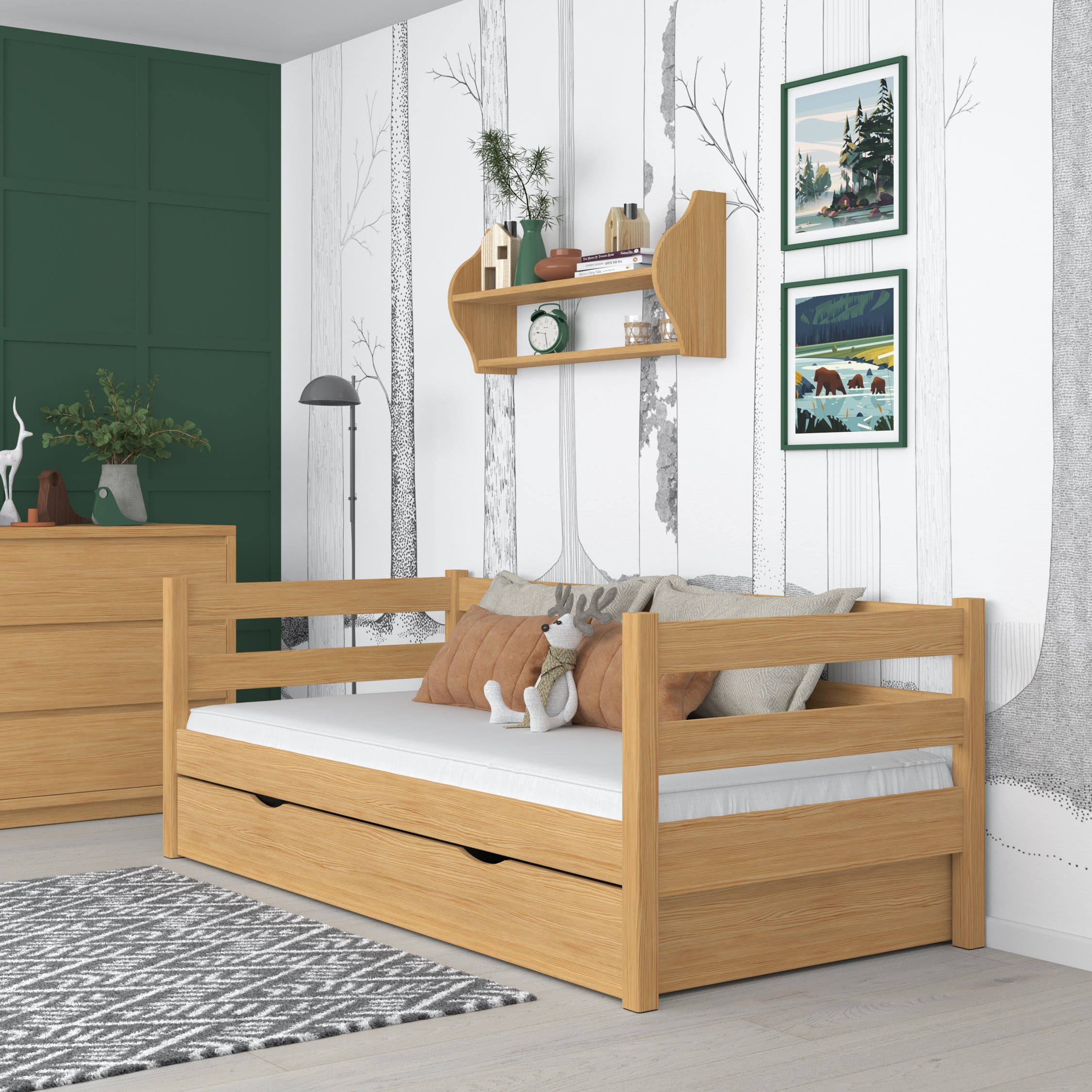 Letto divano pino naturale – laterale sponda in legno, vista laterale, Nizio