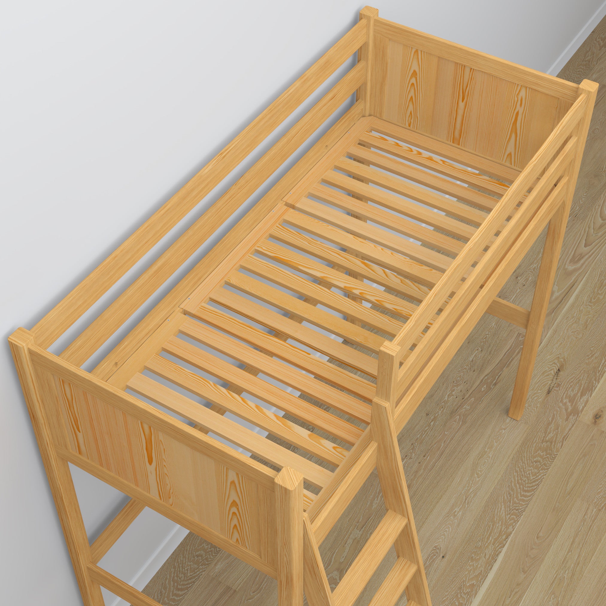 Letto a soppalco in legno pino naturale – dettaglio giunzioni e scala, Nizio Home