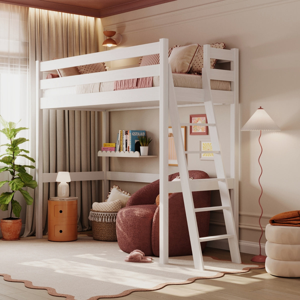 Letto a soppalco in legno bianco – spazio libero sotto camera da letto, Nizio