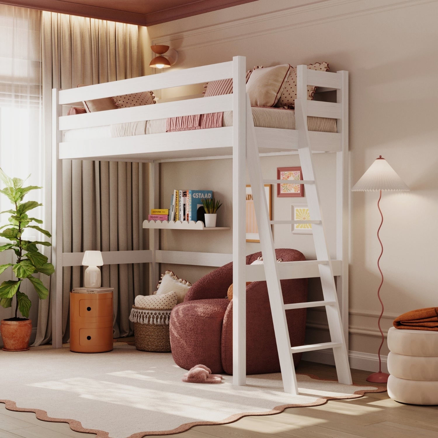 Letto a soppalco in legno bianco – spazio libero sotto camera da letto, Nizio