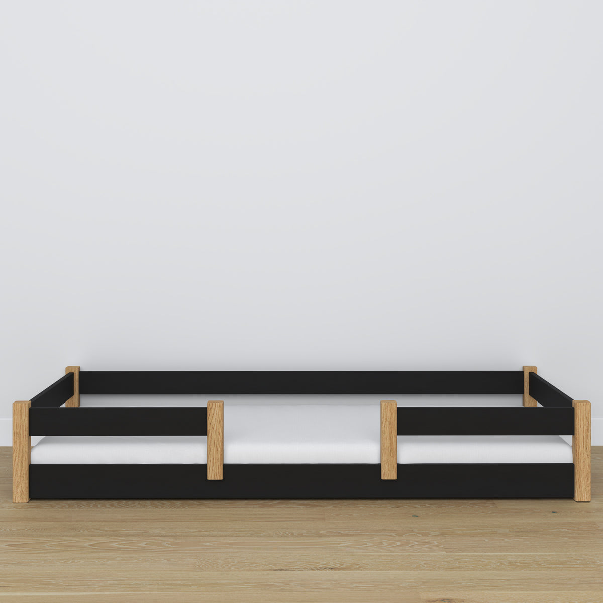 Letto basso nero-quercia – testiera in legno, dettaglio su qualità legno
