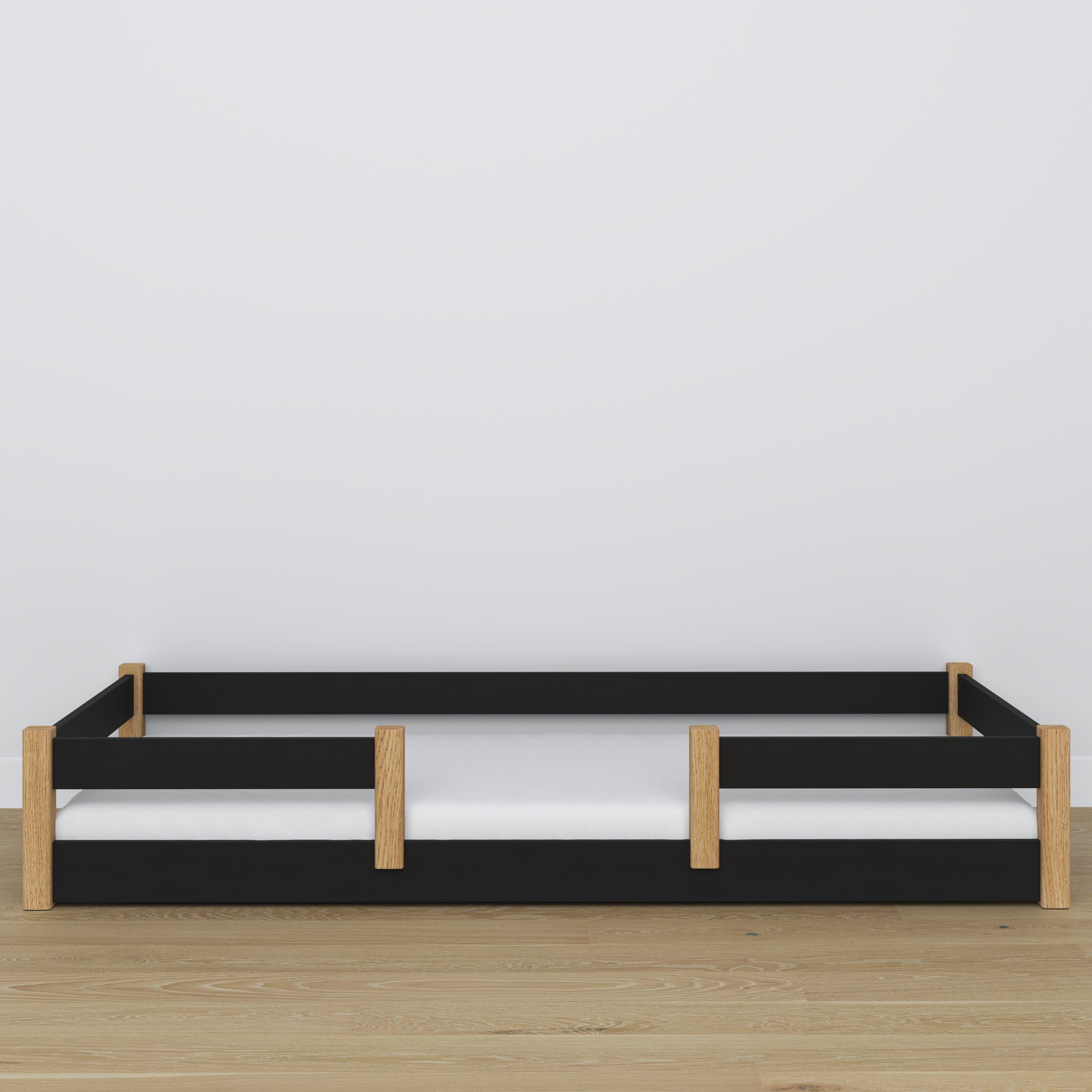 Letto basso nero-quercia – testiera in legno, dettaglio su qualità legno
