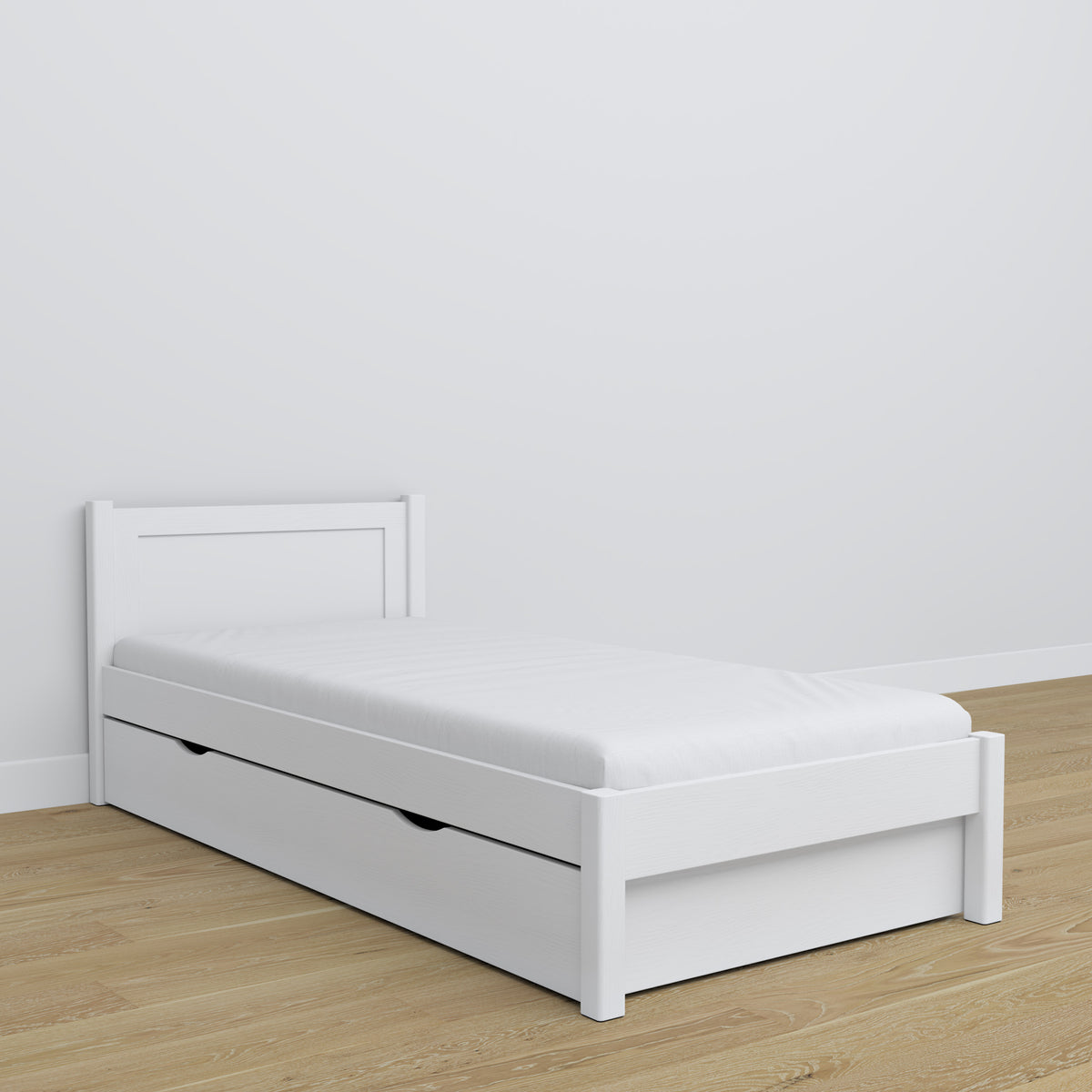Letto con cassetto in legno bianco – stanza per bambini, allestimento scandi