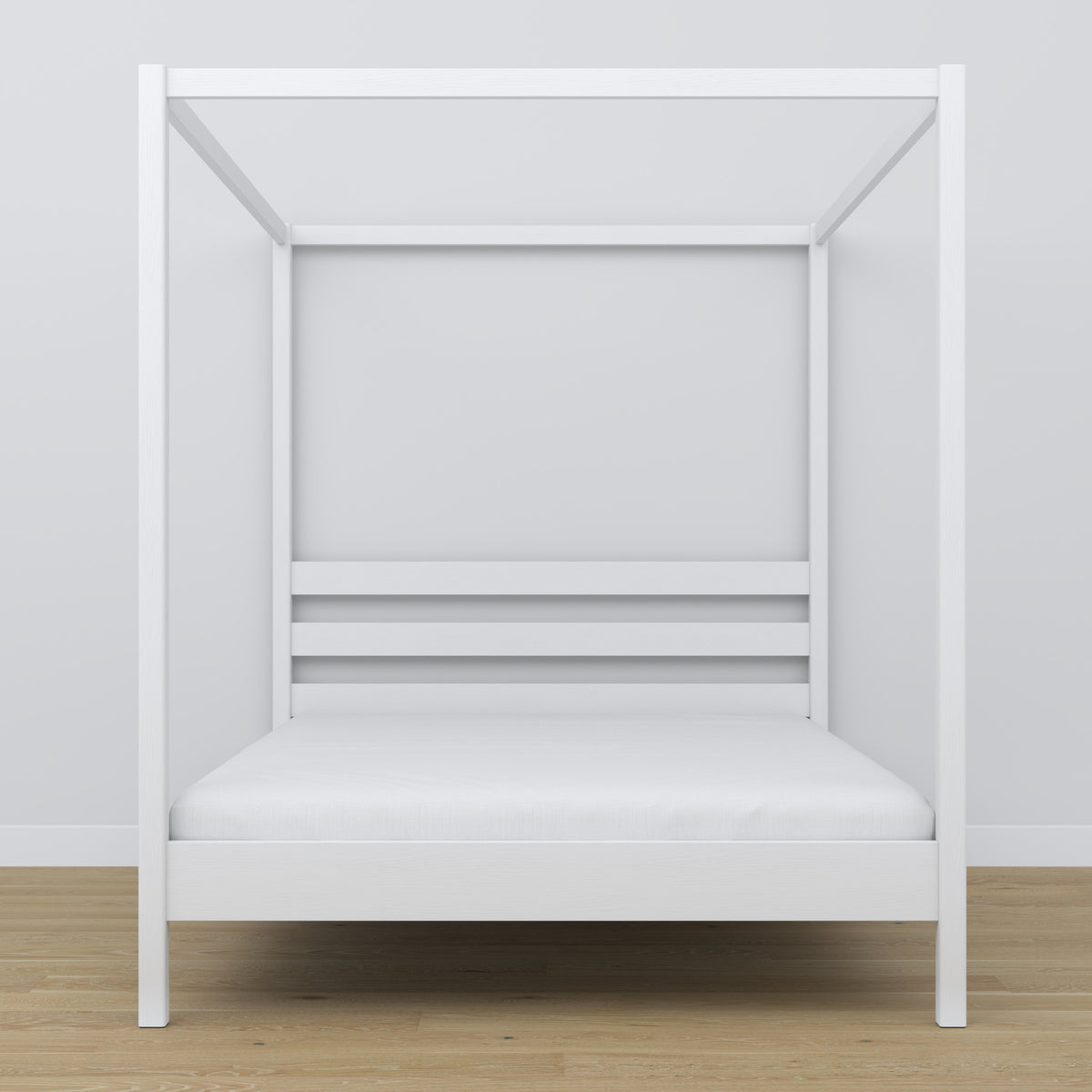 Letto matrimoniale con baldacchino in legno bianco – testiera e cornice, dettaglio