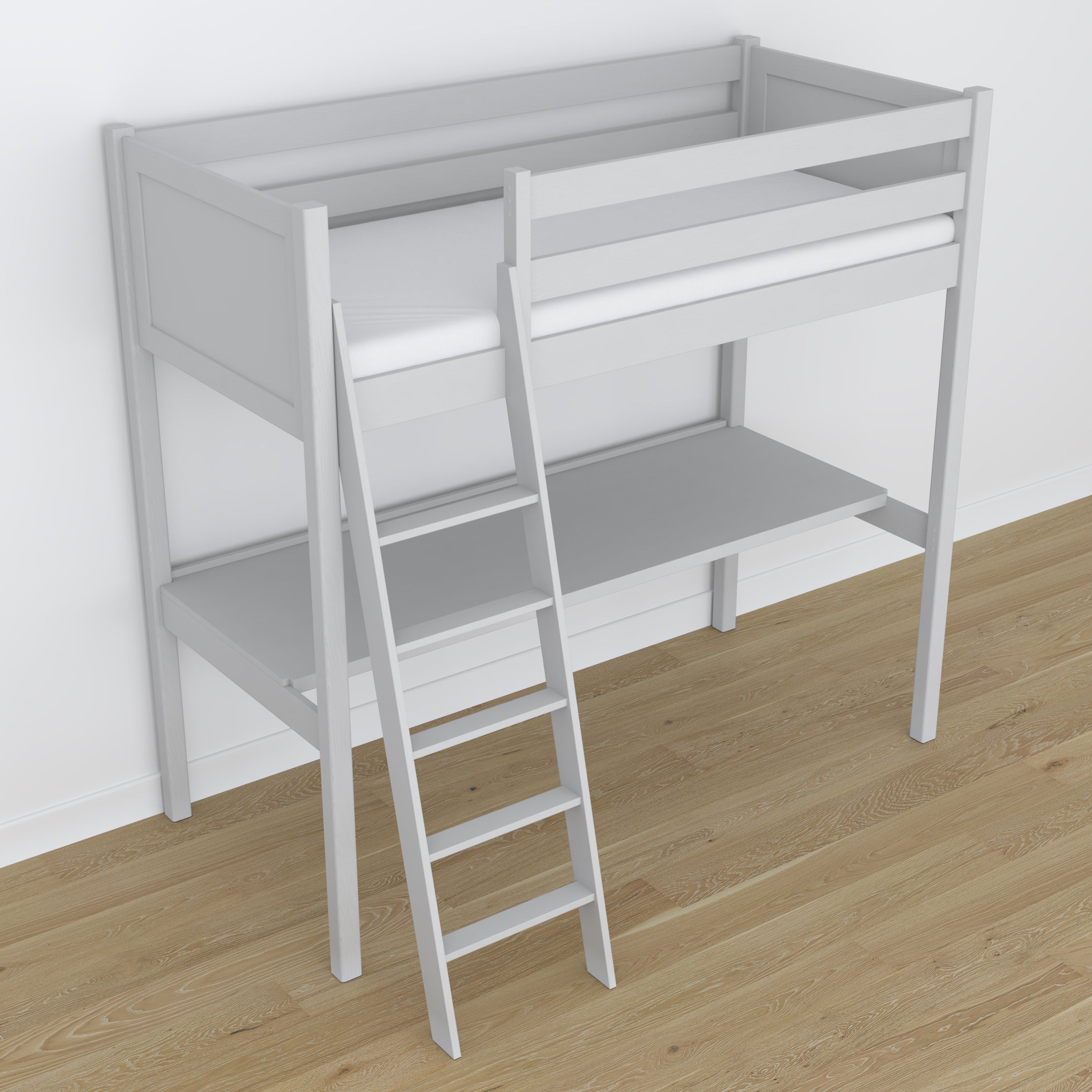 Loft bed grey wooden – top view of the sleeping area, Nizio