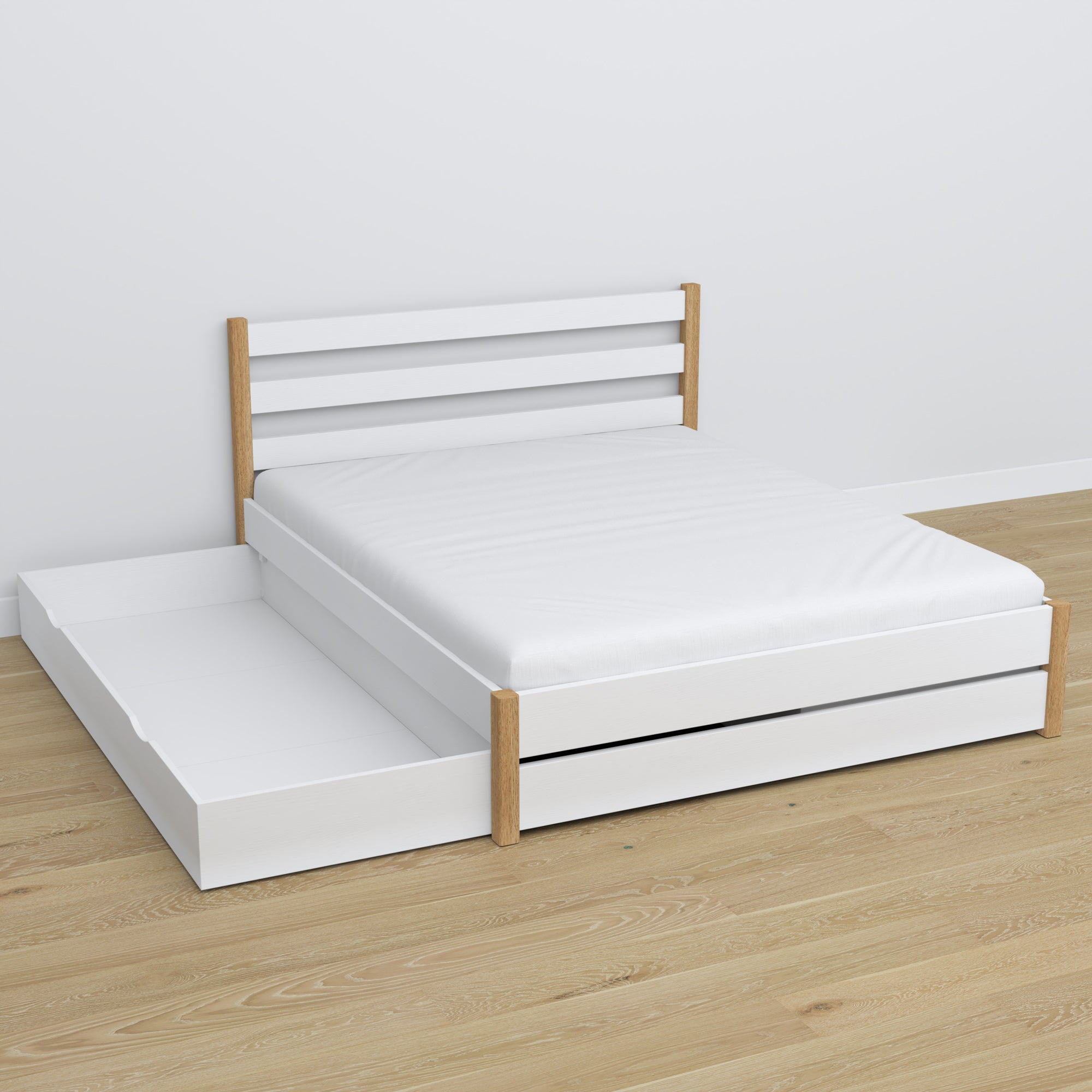 Letto matrimoniale con cassetto in legno bianco con quercia – cassetto aperto, capiente ambiente