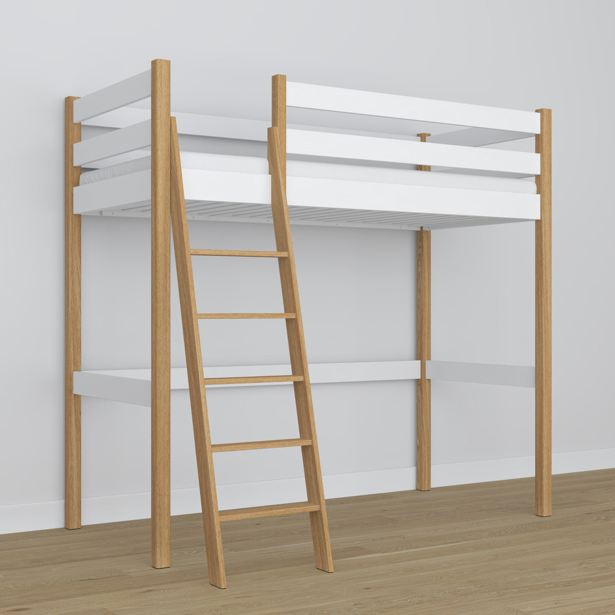 Letto a soppalco bianco-quercia in legno – vista dall'alto su camera da letto