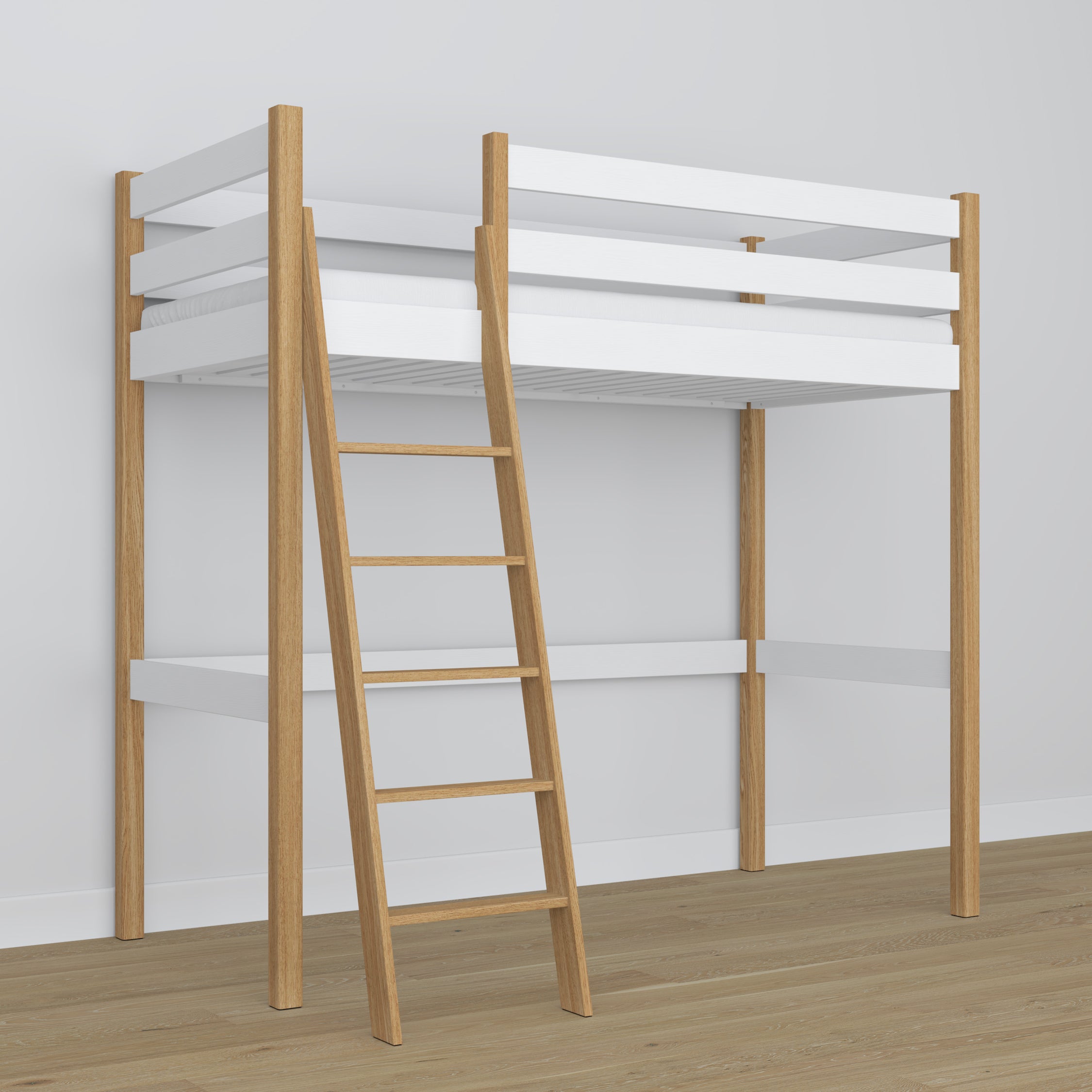 Letto a soppalco bianco-quercia in legno – vista dall'alto su camera da letto