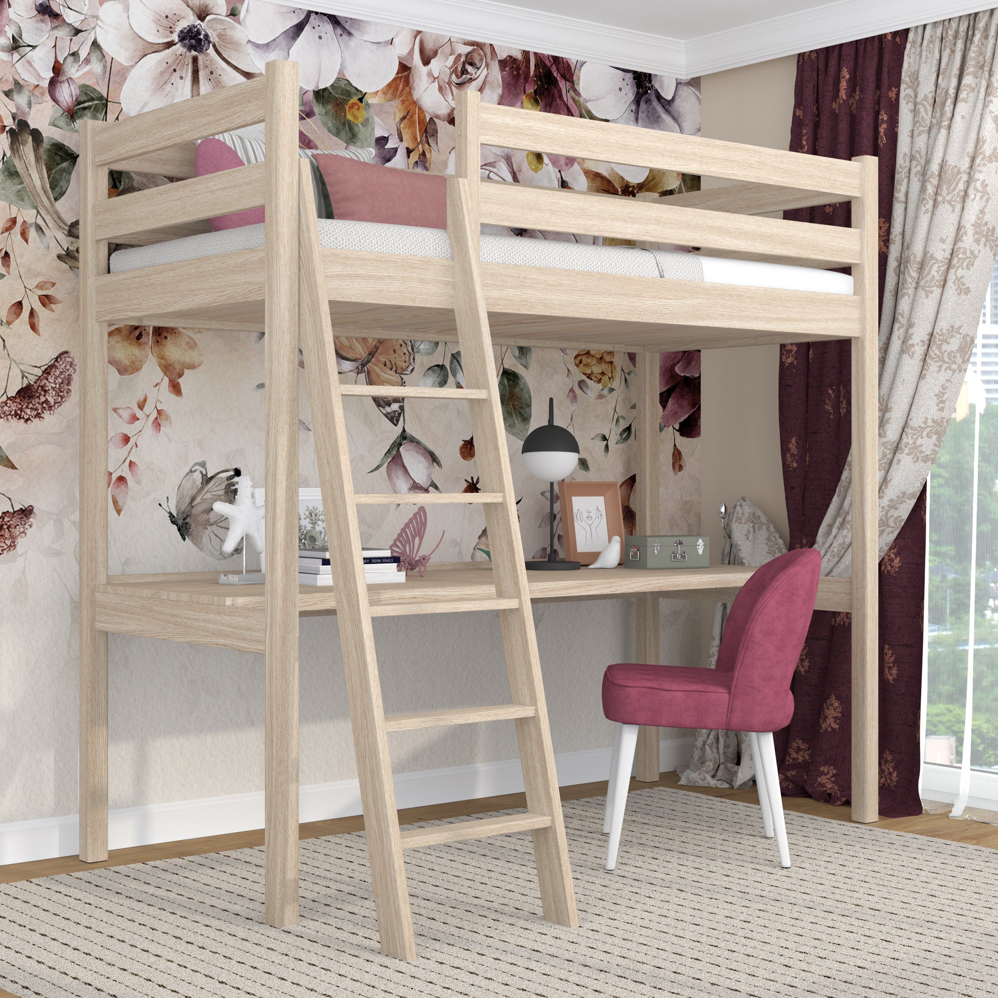 Letto a soppalco con scrivania in rovere sbiancata – scala e sponda di protezione
