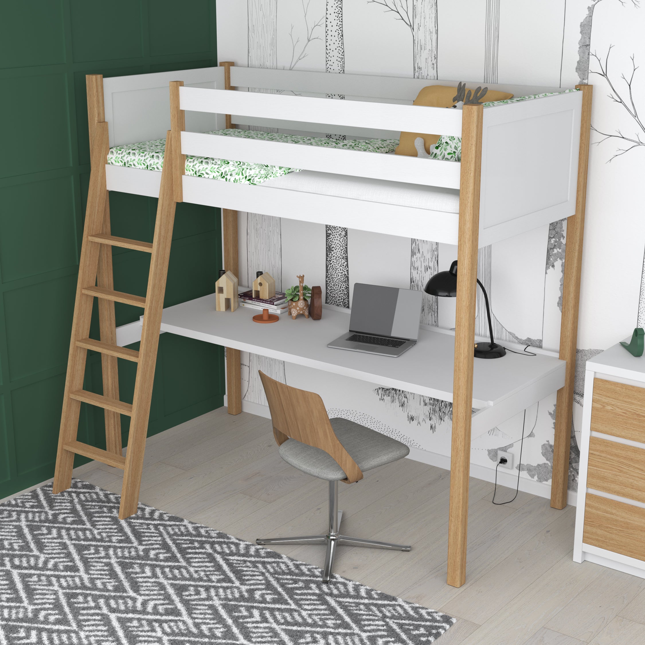 Letto a soppalco bianco-quercia – scrivania in legno sotto camera da letto, stanza per bambini scandi