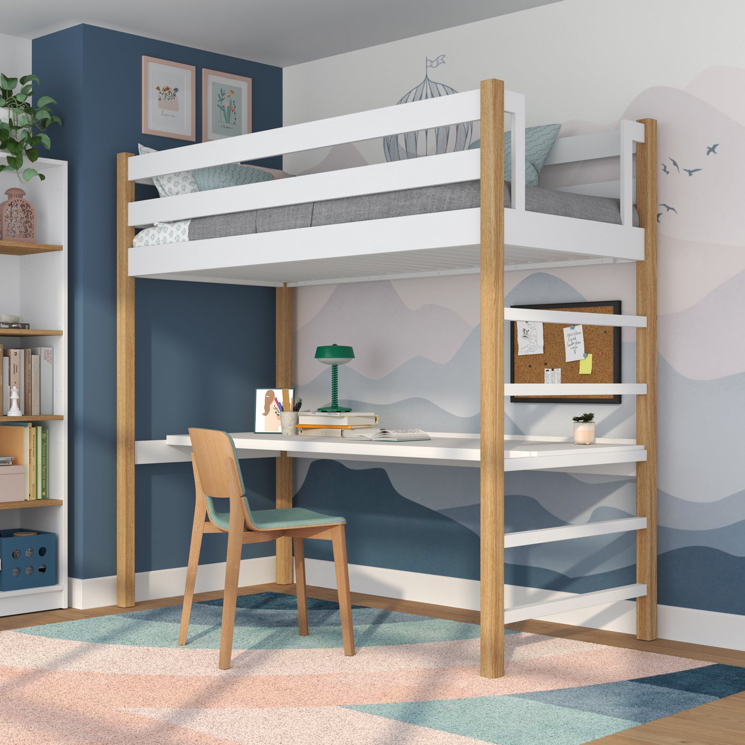 Letto a soppalco con scrivania in legno bianco-quercia – scala e sponda di protezione